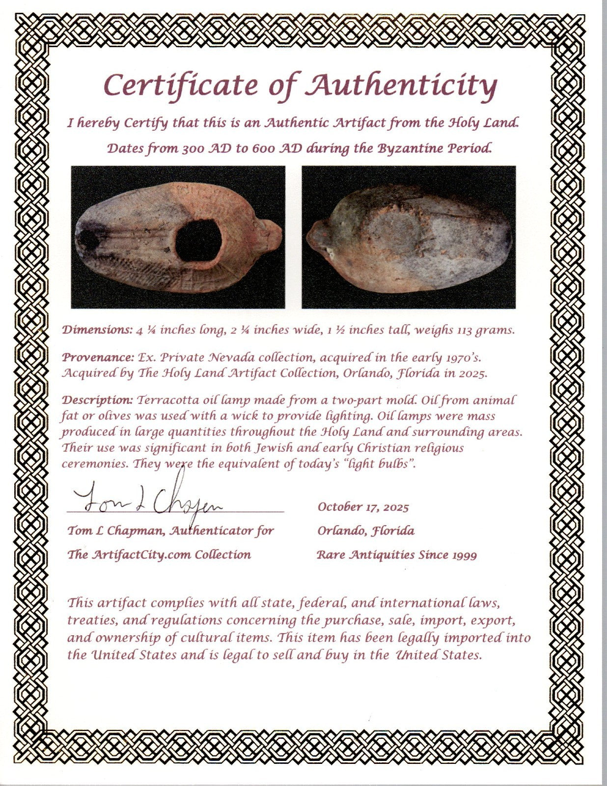 Oil Lamp Holy Land Ancient Artifact Jesus Christ Home Israel 300-600 AD COA 118