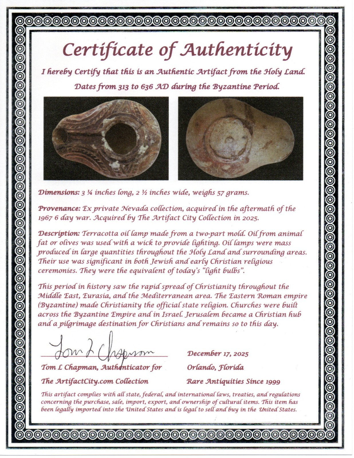 Holy Land Oil Lamp Ancient Artifact Time of the Christians 313-636 AD COA 171