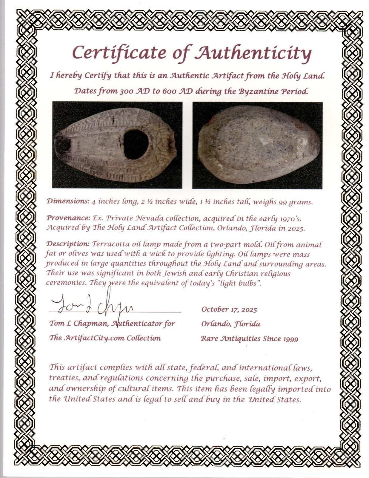 Oil Lamp Holy Land Ancient Artifact Jesus Christ Home Israel 300-600 AD COA 131