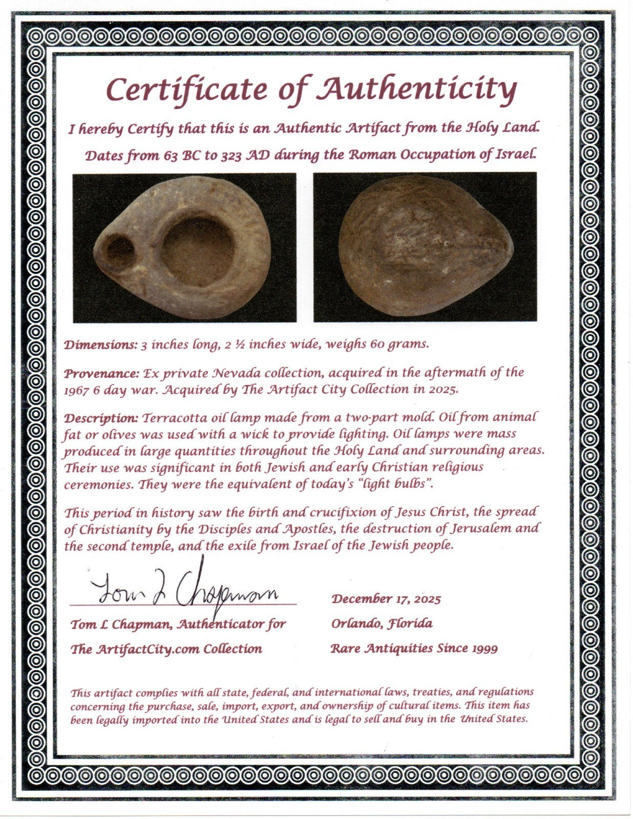 Holy Land Oil Lamp Ancient Artifact Time of Jesus & Apostles 63BC-323AD COA 147