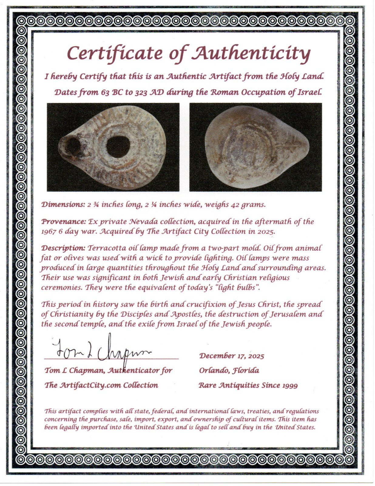 Holy Land Oil Lamp Ancient Artifact Time of Jesus & Apostles 63BC-323AD COA 153
