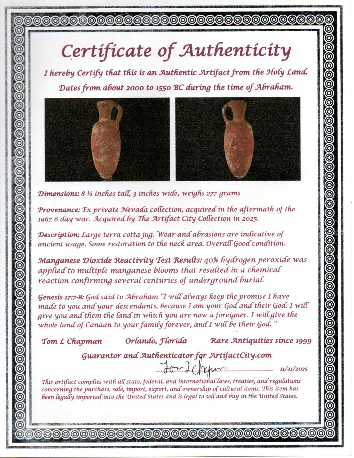 Time of Abraham Holy Land Artifact Ancient 4000 Year Old Jug 2000-1550 BC COA 49