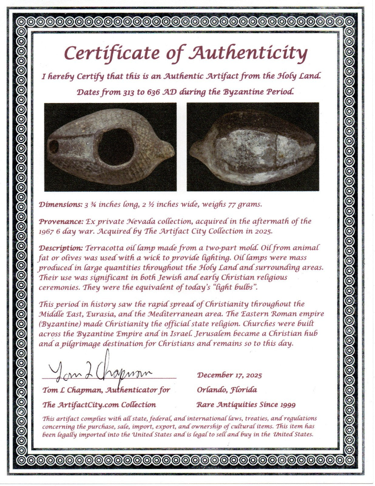 Holy Land Oil Lamp Ancient Artifact Time of the Christians 313-636 AD COA 198