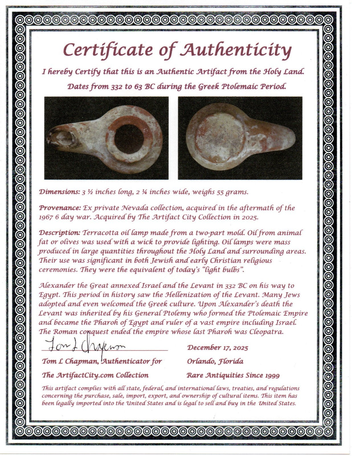 Holy Land Oil Lamp Ancient Artifact Alexander the Great Era 332-63 BC COA 232