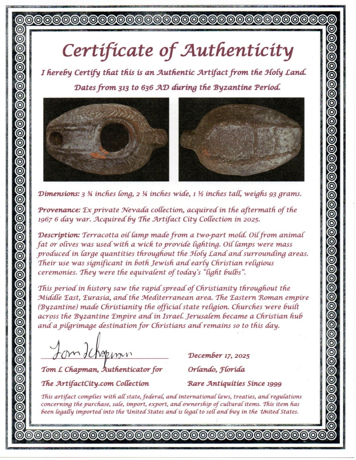 Time of the Christians Oil Lamp Ancient Holy Land Artifact 313-636 AD COA 139