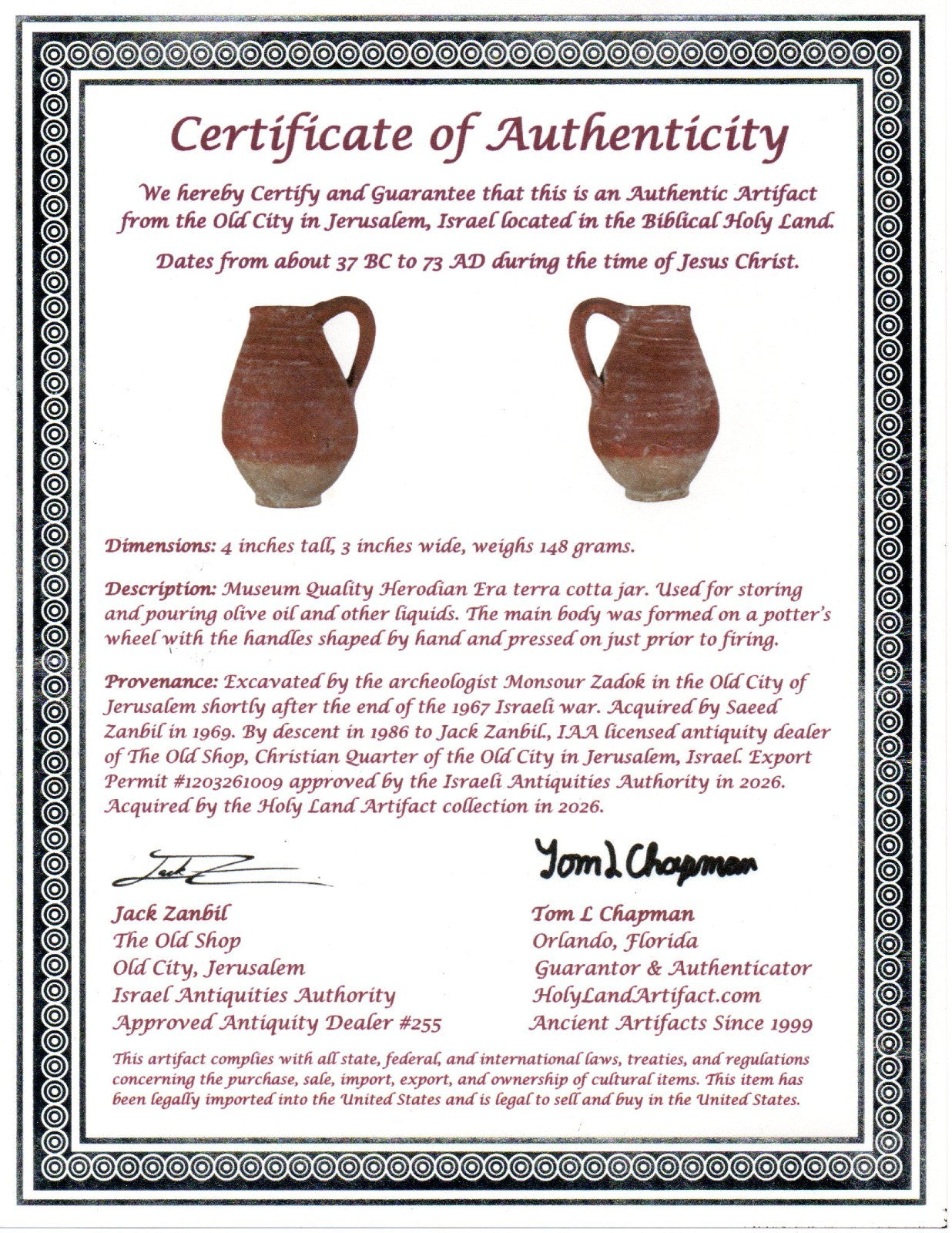 Museum Quality Herodian Jar Jug Holy Land Artifact Time Of Jesus Christ COA Z07
