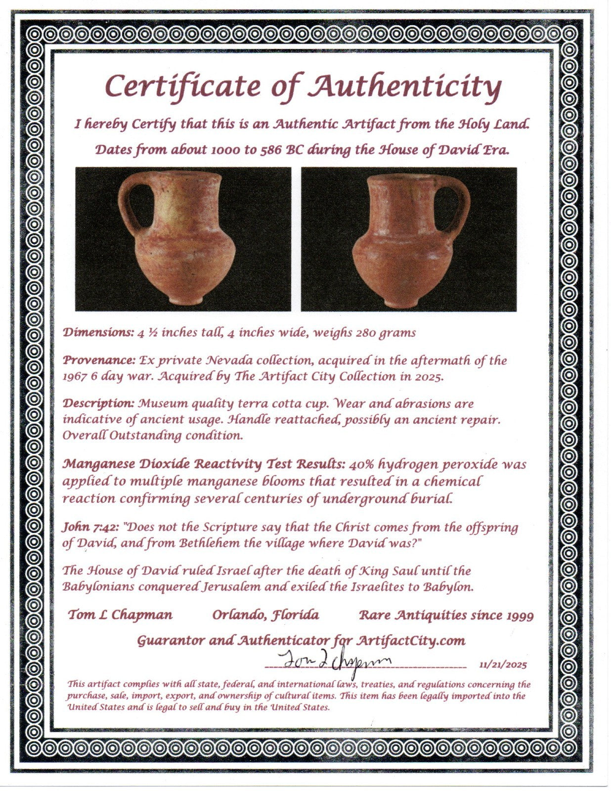 Time of House of King David Holy Land Artifact Ancient Cup 1000-586 BC COA 83