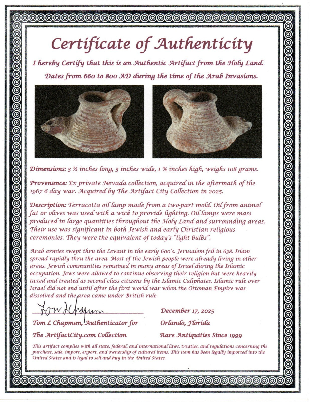 Holy Land Oil Lamp Ancient Artifact Time of the Arab Invasion 660-800 AD COA 236