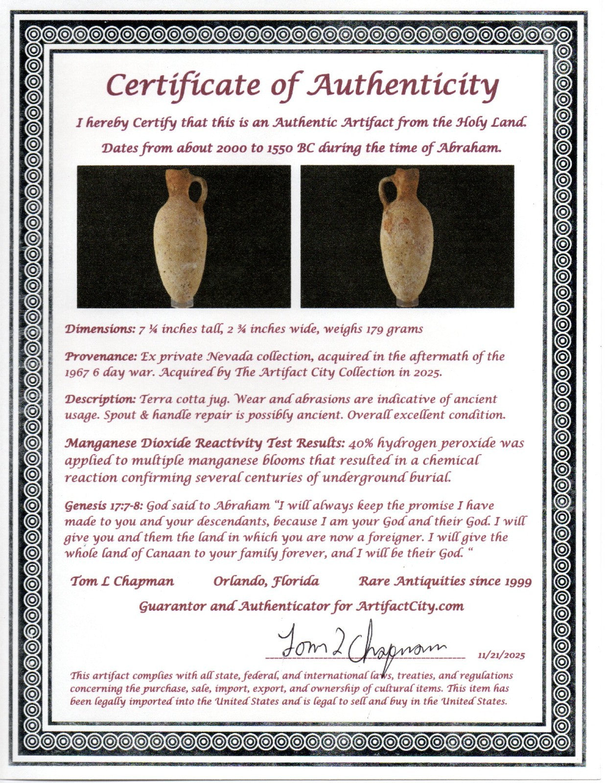 Time of Abraham Holy Land Artifact Ancient 4000 Year Old Jug 2000-1550 BC COA 57