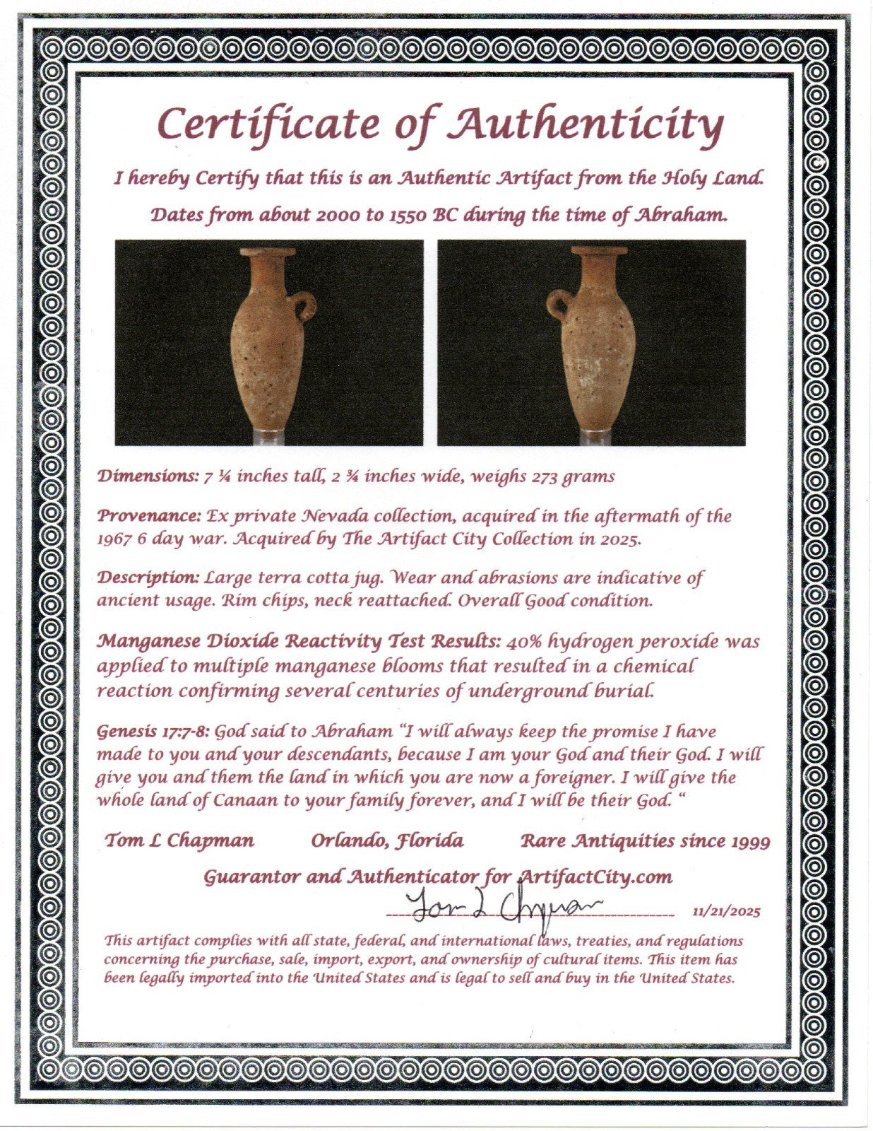 Time of Abraham Holy Land Artifact Ancient 4000 Year Old Jug 2000-1550 BC COA 48