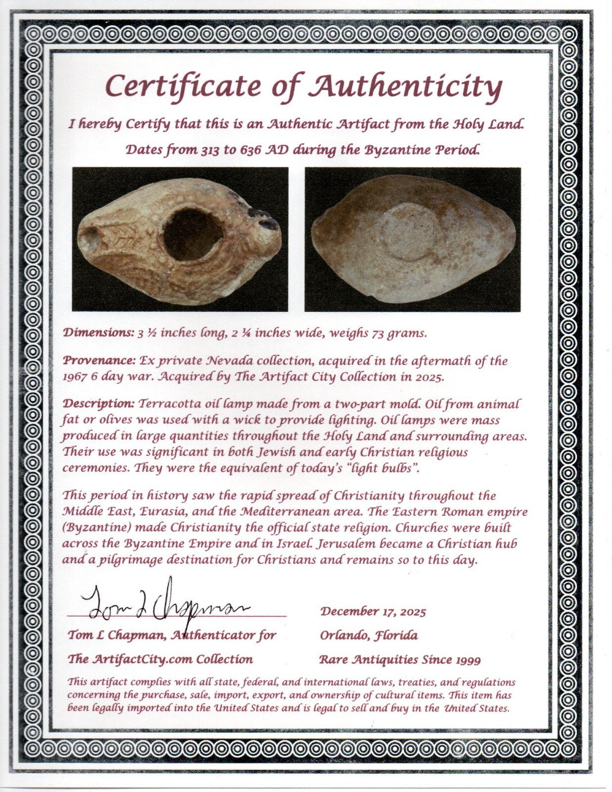 Holy Land Oil Lamp Ancient Artifact Time of the Christians 313-636 AD COA 190