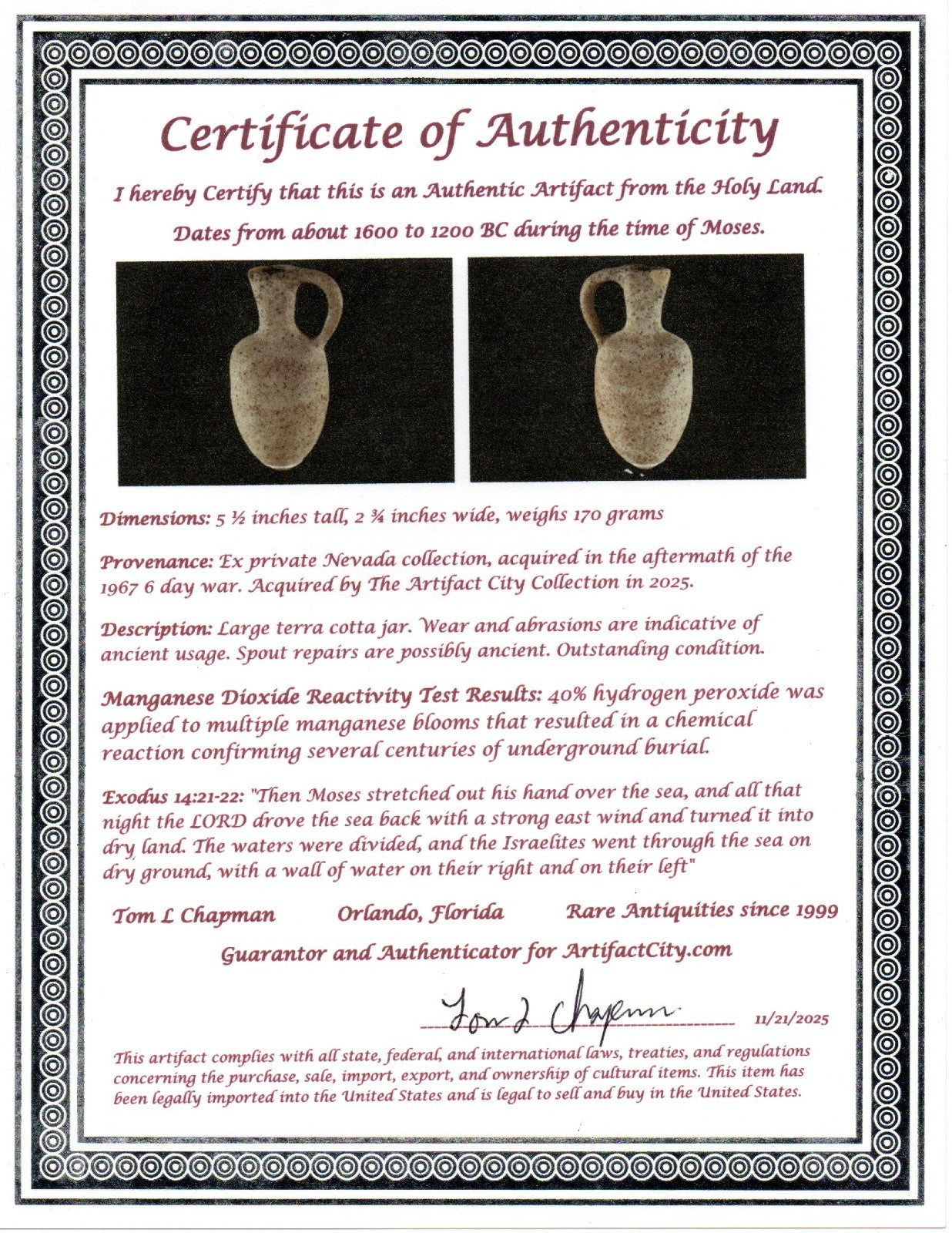 Time of Moses Holy Land Artifact Ancient 3500 Year Old Jug 1600-1200 BC COA 66