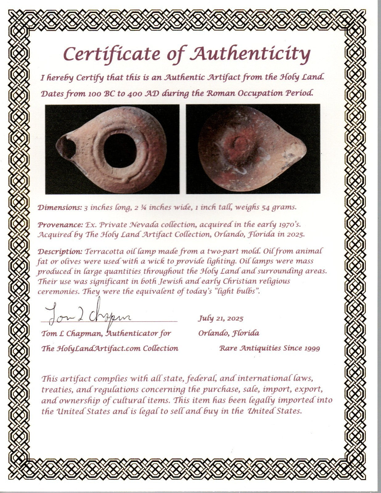 Ancient Holy Land Oil Lamp Artifact Jesus Christ Homeland 100BC-400AD COA 21