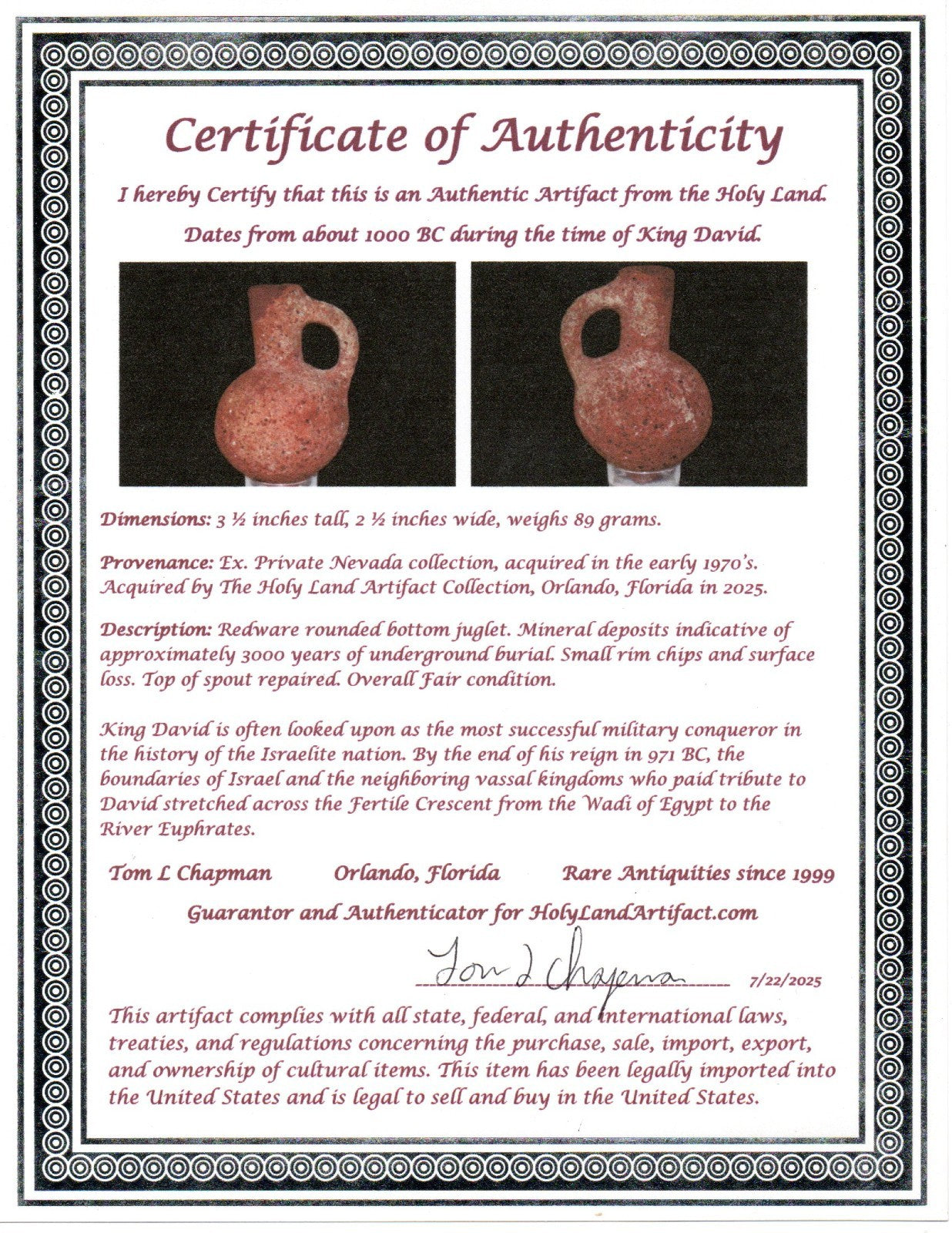 Ancient Holy Land Artifact King David Jugglet Land of Jesus Christ 1000 BC COA 6