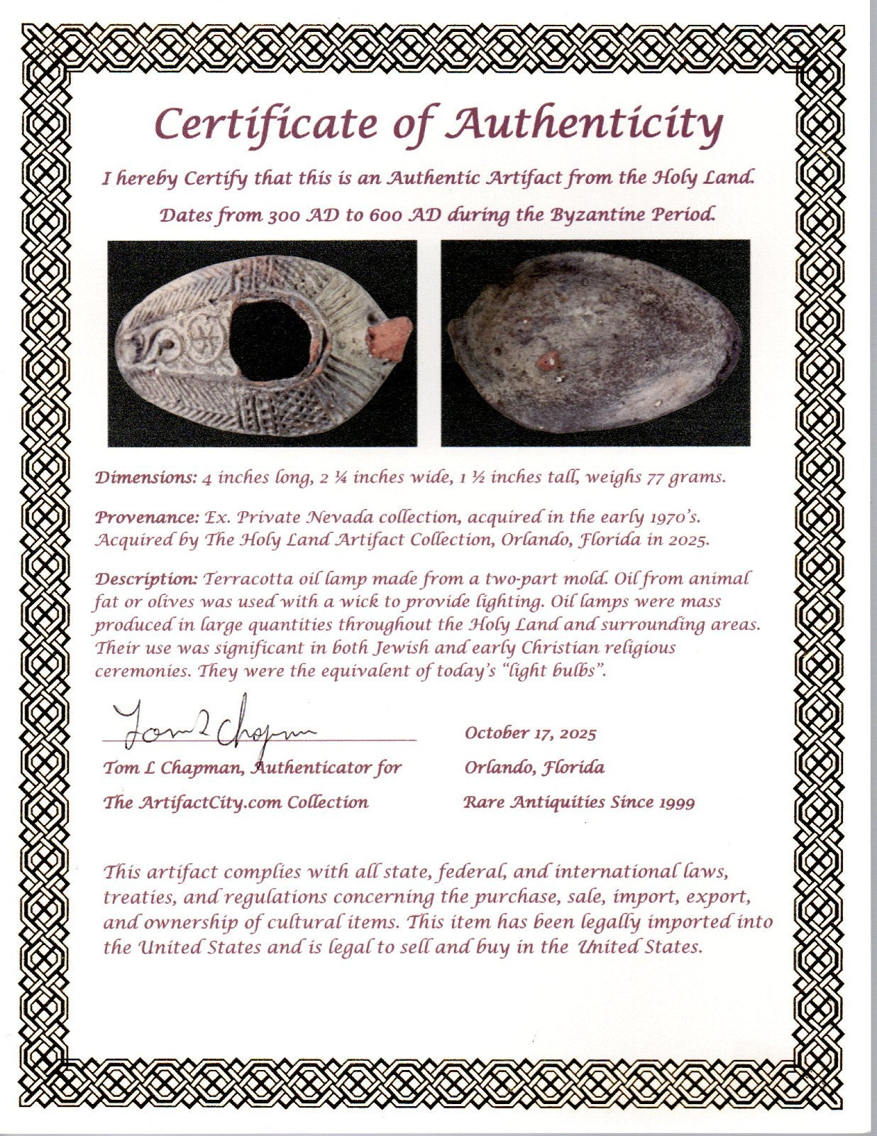 Oil Lamp Holy Land Ancient Artifact Jesus Christ Home Israel 300-600 AD COA 119