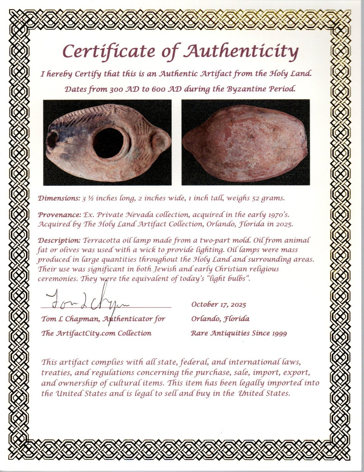 Oil Lamp Holy Land Ancient Artifact Jesus Christ Home Israel 300-600 AD COA 126