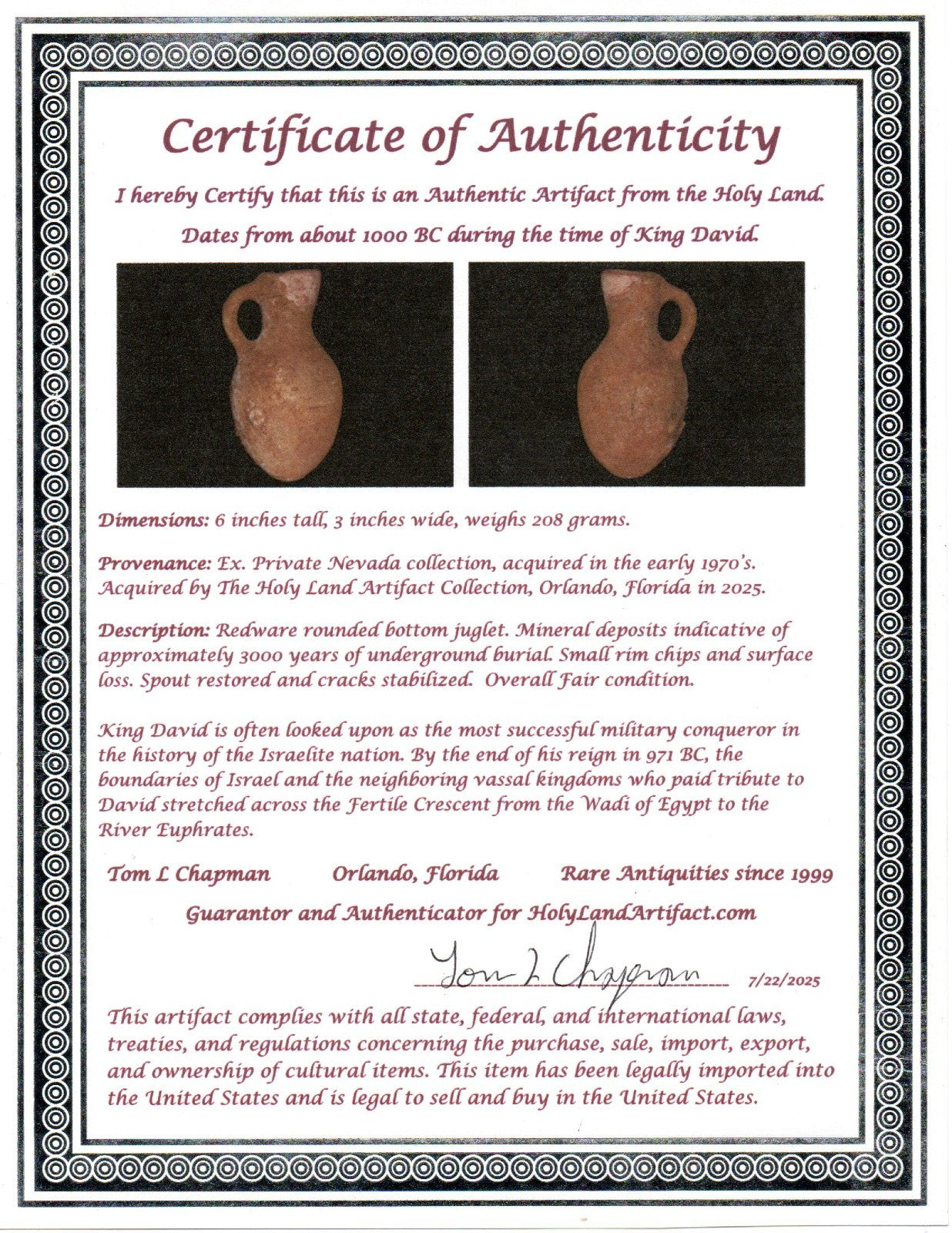 Ancient Holy Land Artifact King David Era Jug Land of Jesus Christ 1000 BC COA 8