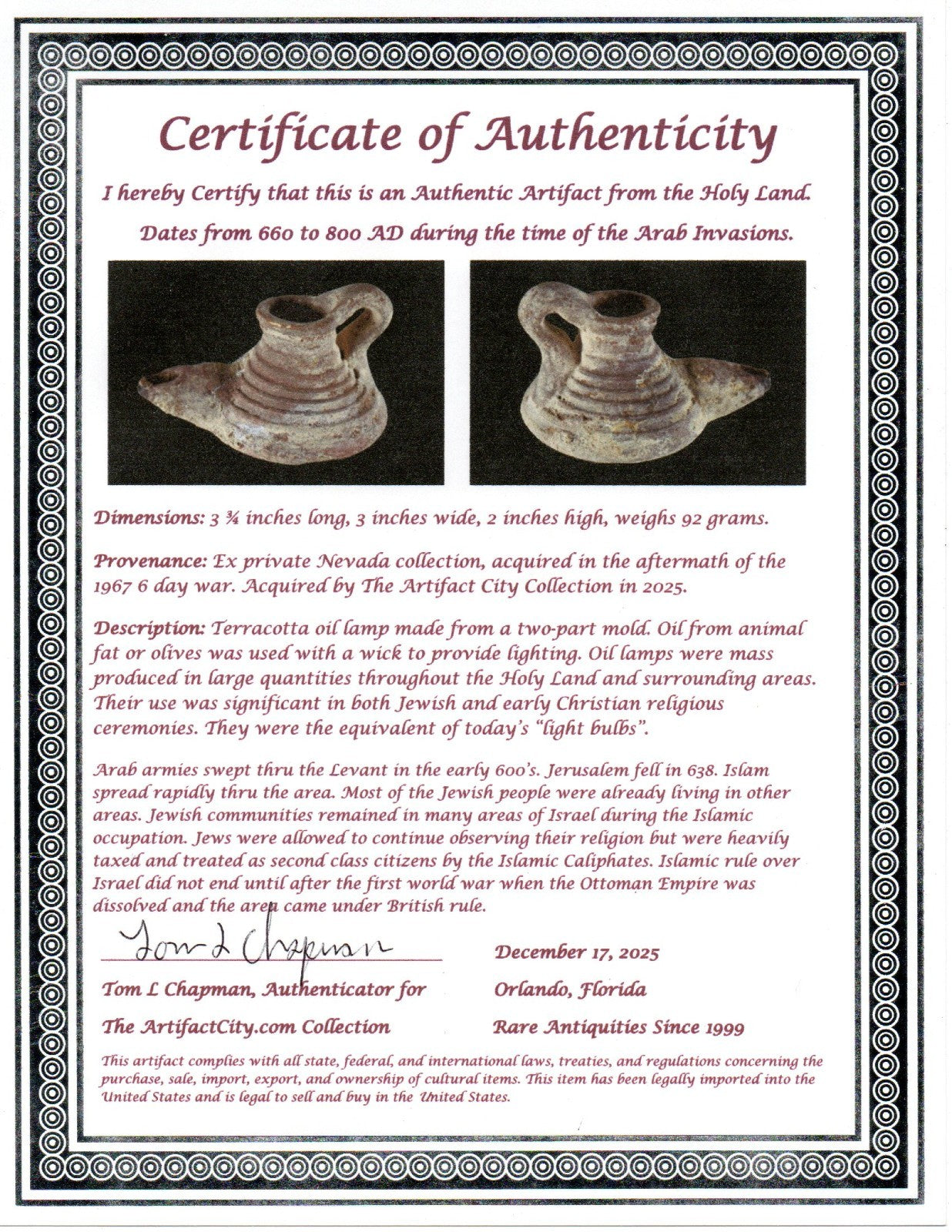 Holy Land Oil Lamp Ancient Artifact Time of the Arab Invasion 660-800 AD COA 240