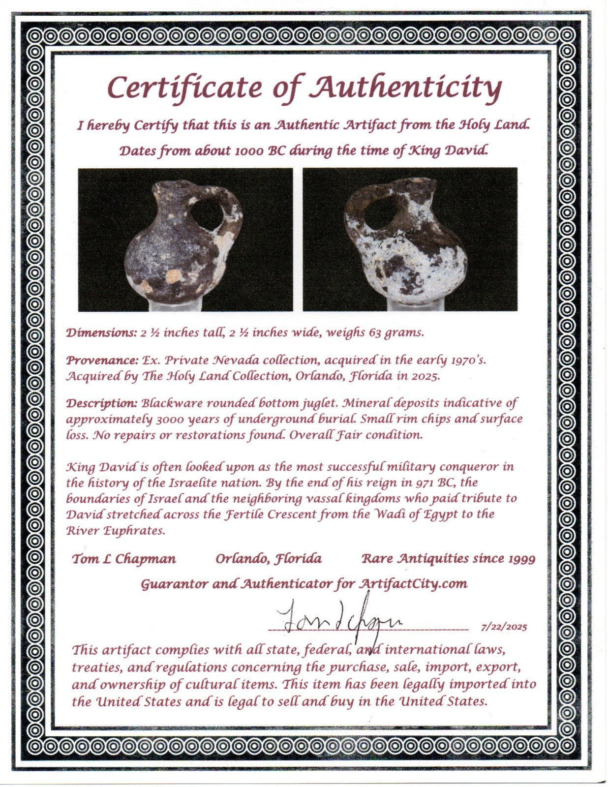 Ancient Holy Land Artifact King David Mini Jugglet Christ Home Land 1000BC COA 1