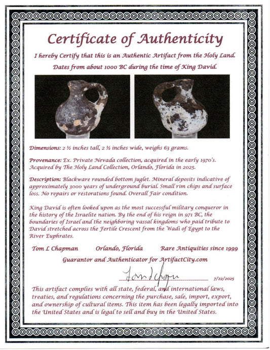 Ancient Holy Land Artifact King David Mini Jugglet Christ Home Land 1000BC COA 1