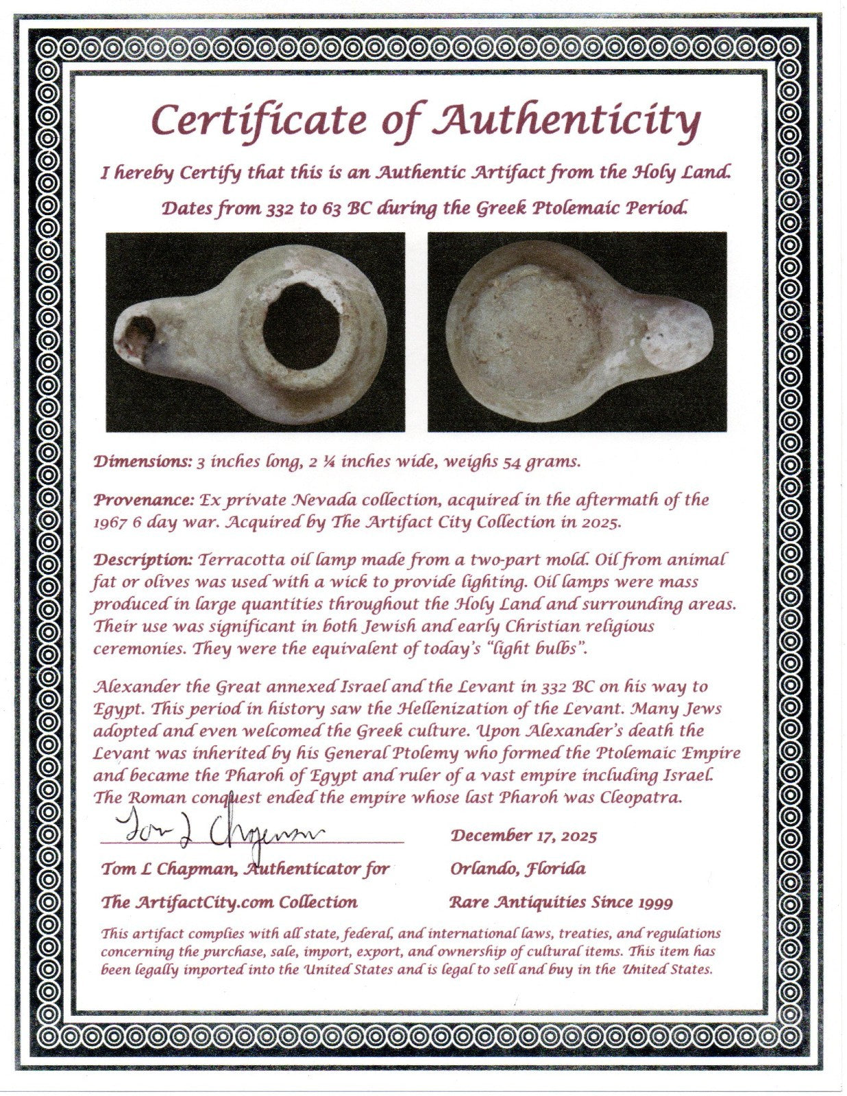 Holy Land Oil Lamp Ancient Artifact Alexander the Great Era 332-63 BC COA 230