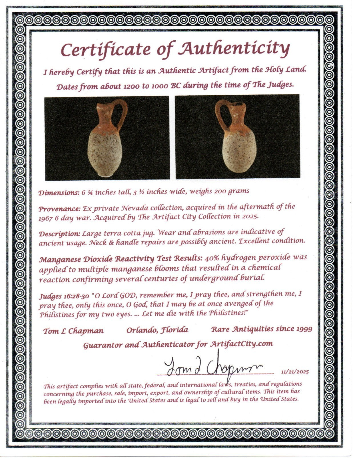 Time of Samson Holy Land Artifact Ancient 3100 Year Old Jug 1200-1000 BC COA 72