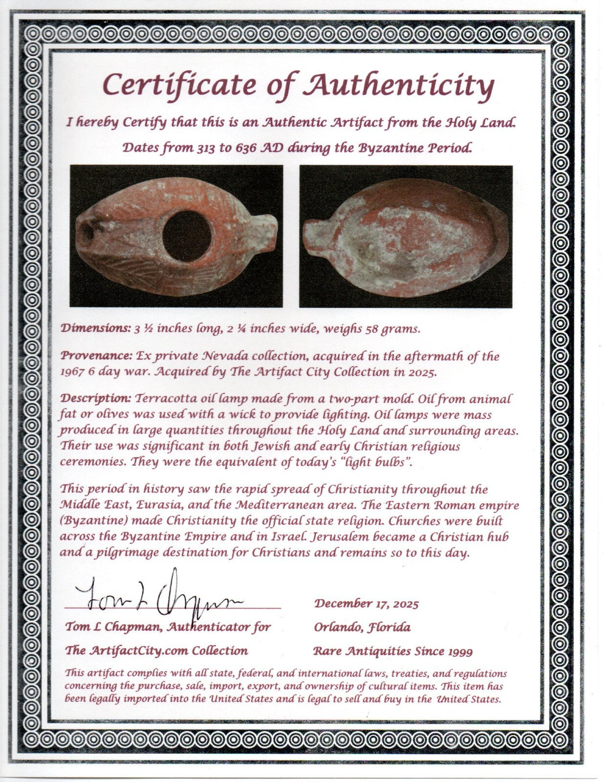 Holy Land Oil Lamp Ancient Artifact Time of the Christians 313-636 AD COA 194