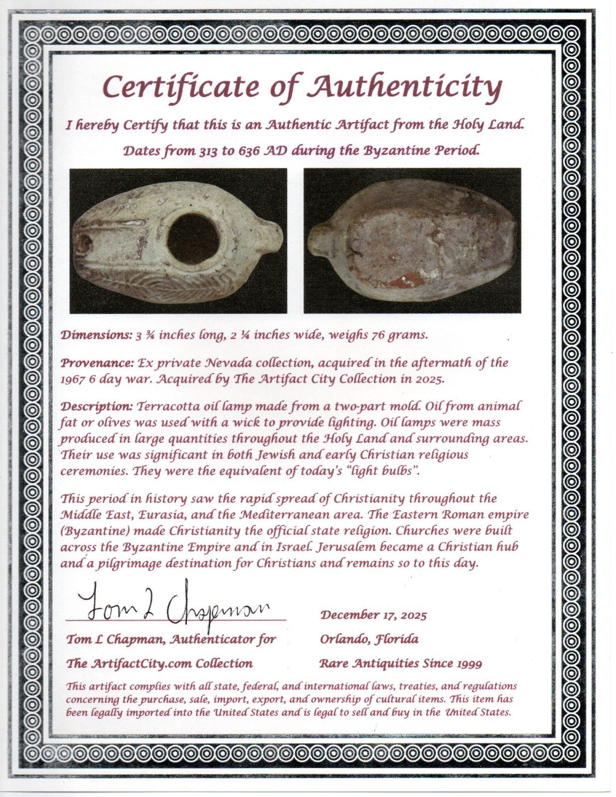 Time of the Christians Oil Lamp Ancient Holy Land Artifact 313-636 AD COA 31
