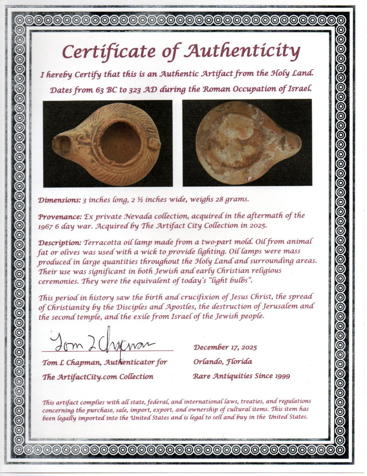 Holy Land Oil Lamp Ancient Artifact Time of Jesus & Apostles 63BC-323AD COA 159