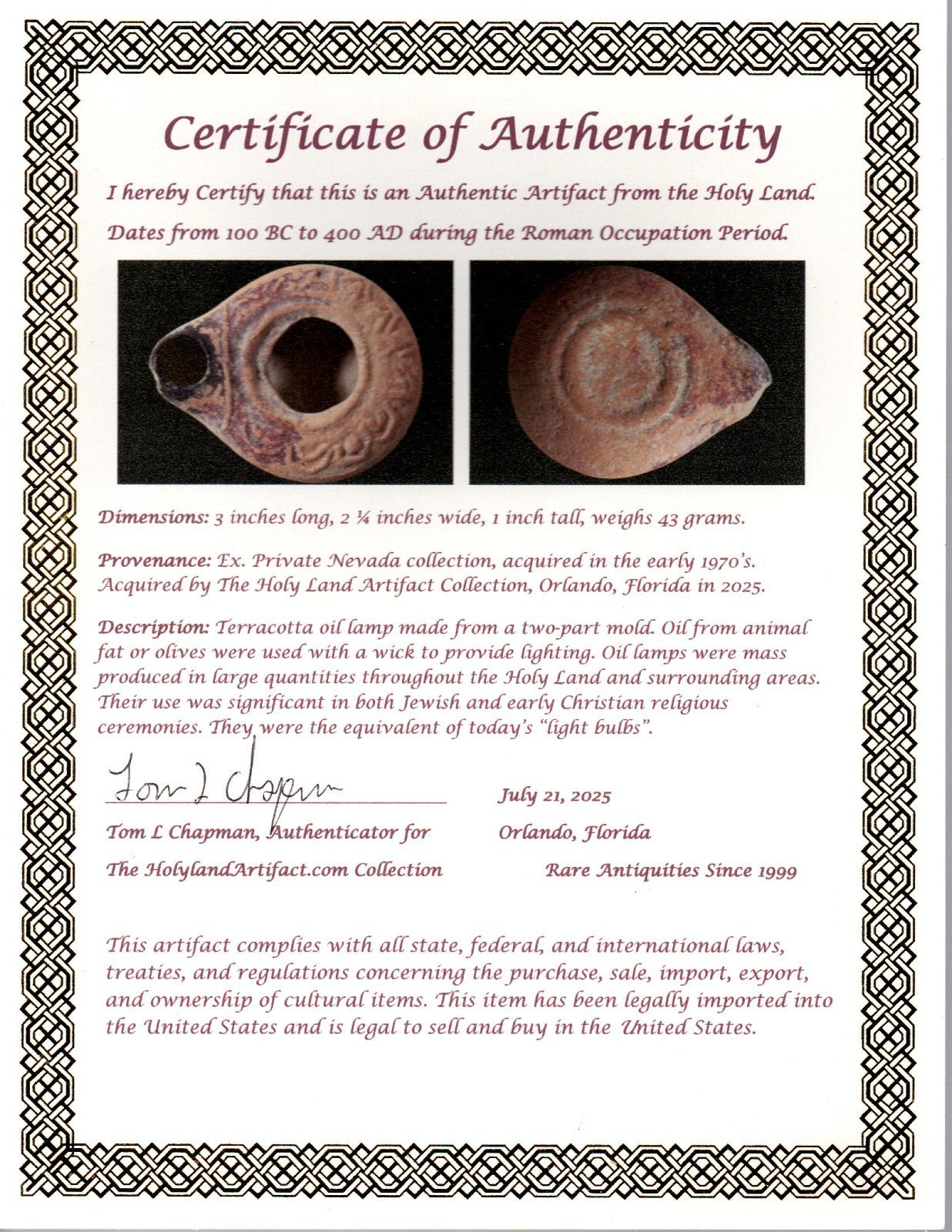 Ancient Holy Land Oil Lamp Artifact Jesus Christ Homeland 100BC-400AD COA 17