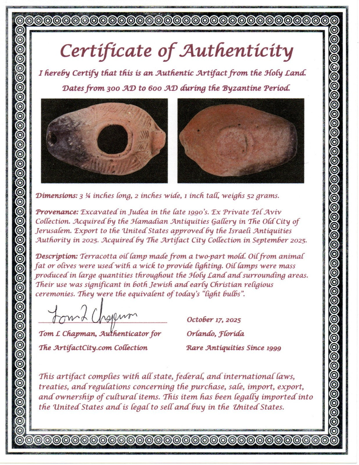 Ancient Holy Land Oil Lamp Artifact Jesus Christ Home Israel 300-600 AD COA 86