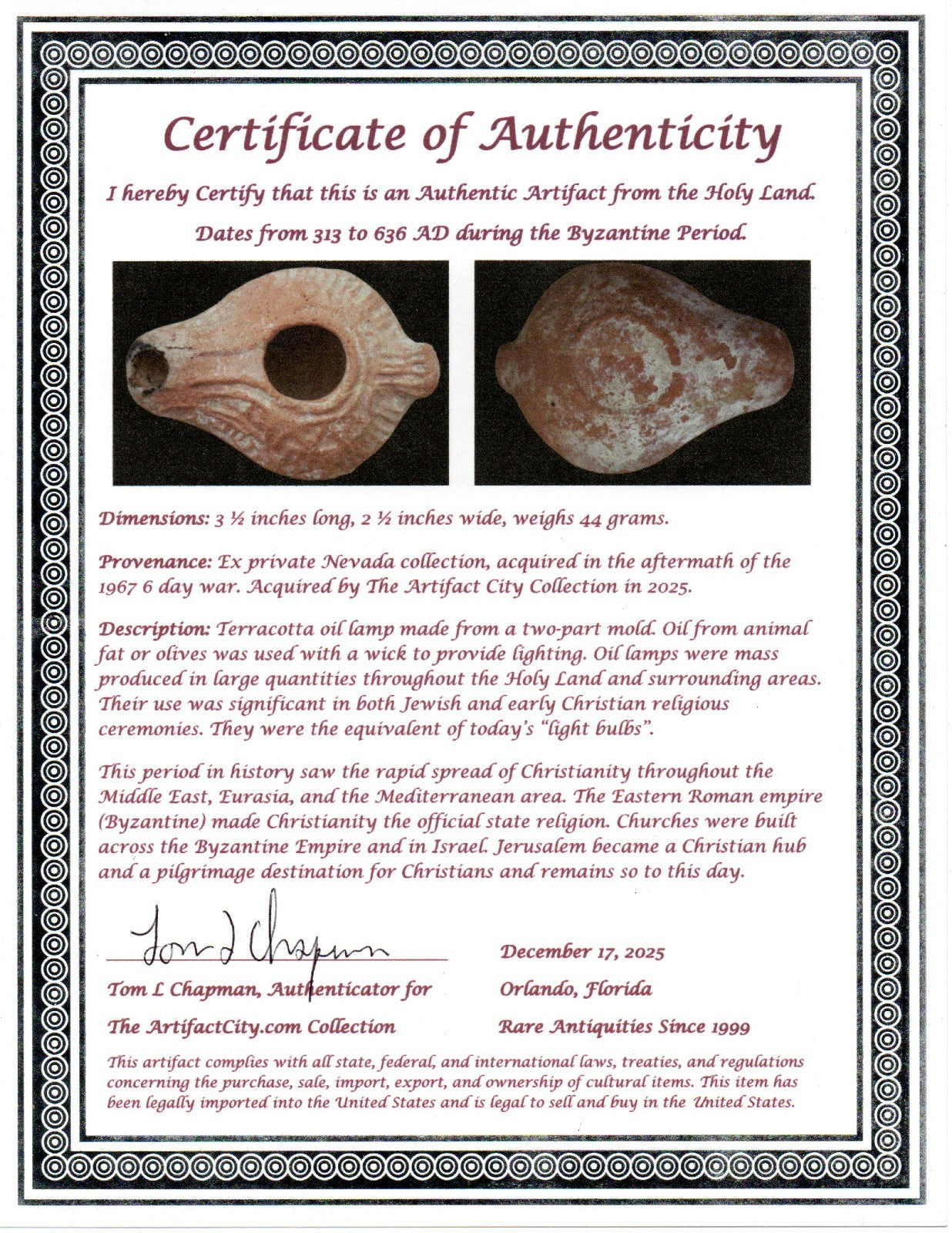 Holy Land Oil Lamp Ancient Artifact Time of the Christians 313-636 AD COA 195