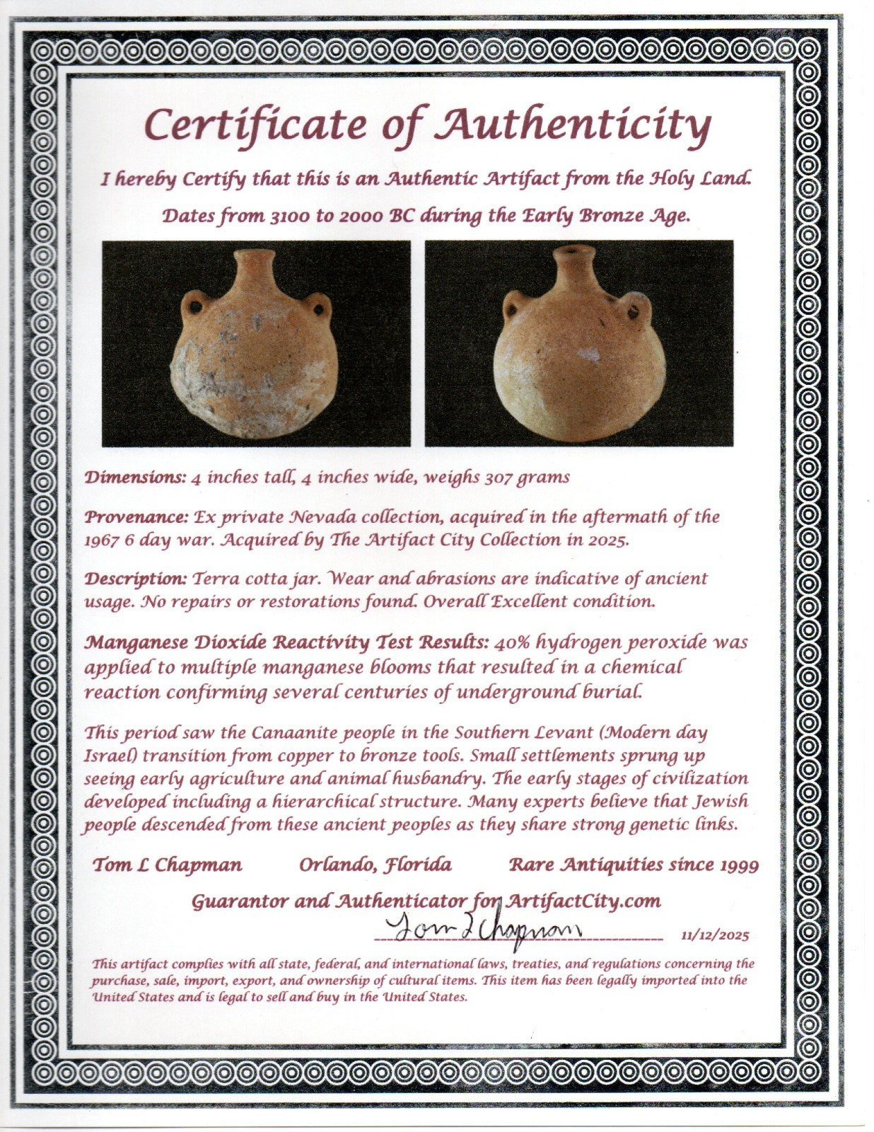 Time of The Canaanites Holy Land Artifact Ancient Jug 3100-2000 BC COA 105