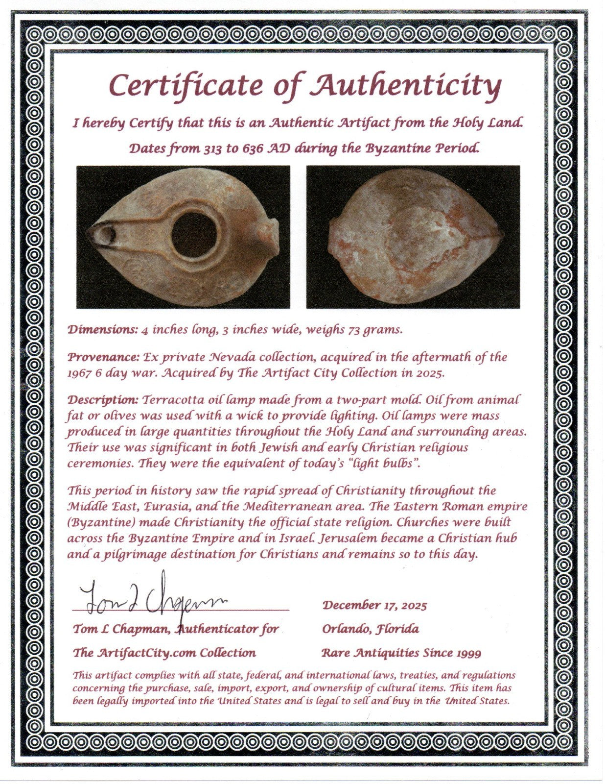 Holy Land Oil Lamp Ancient Artifact Time of the Christians 313-636 AD COA 181