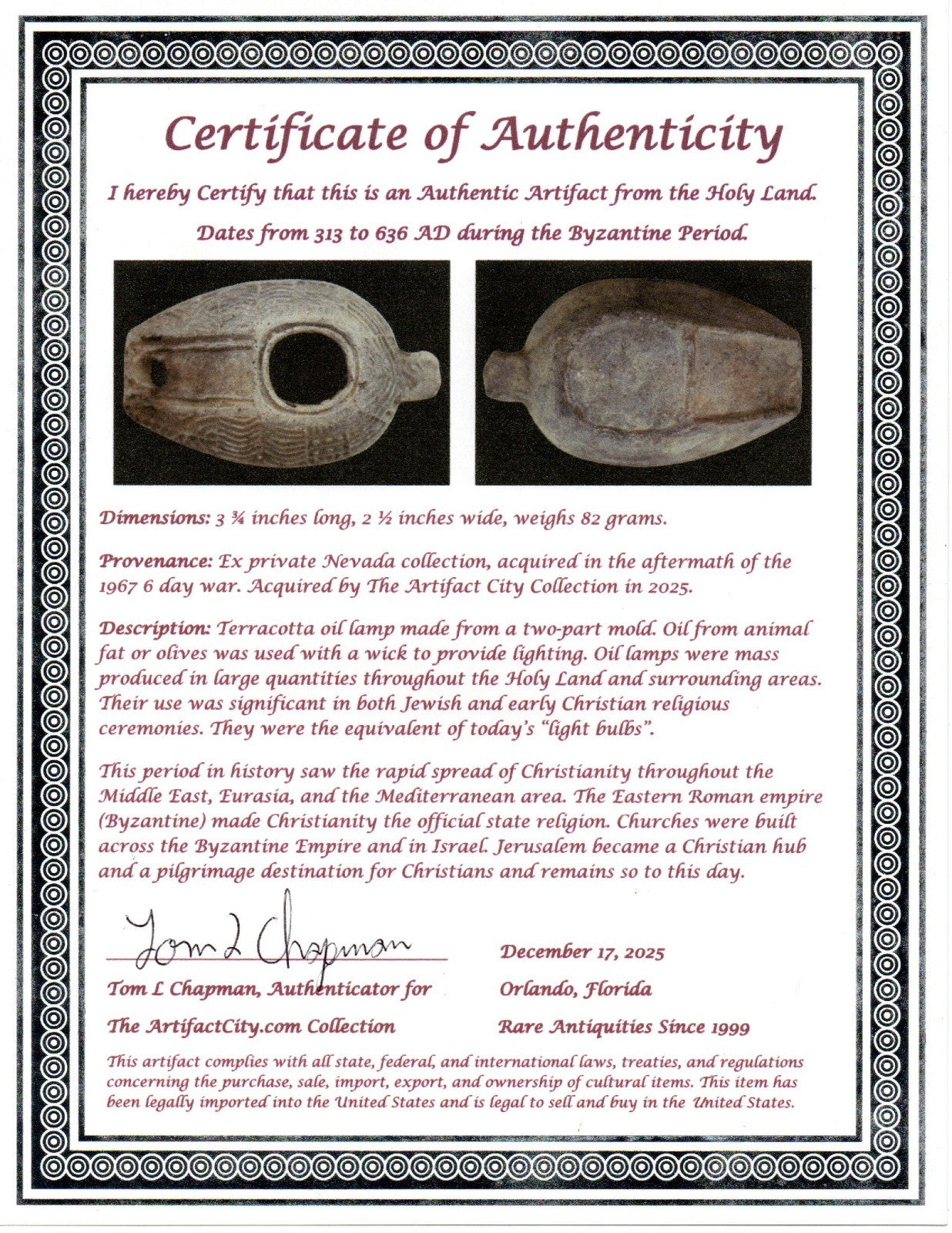 Holy Land Oil Lamp Ancient Artifact Time of the Christians 313-636 AD COA 212