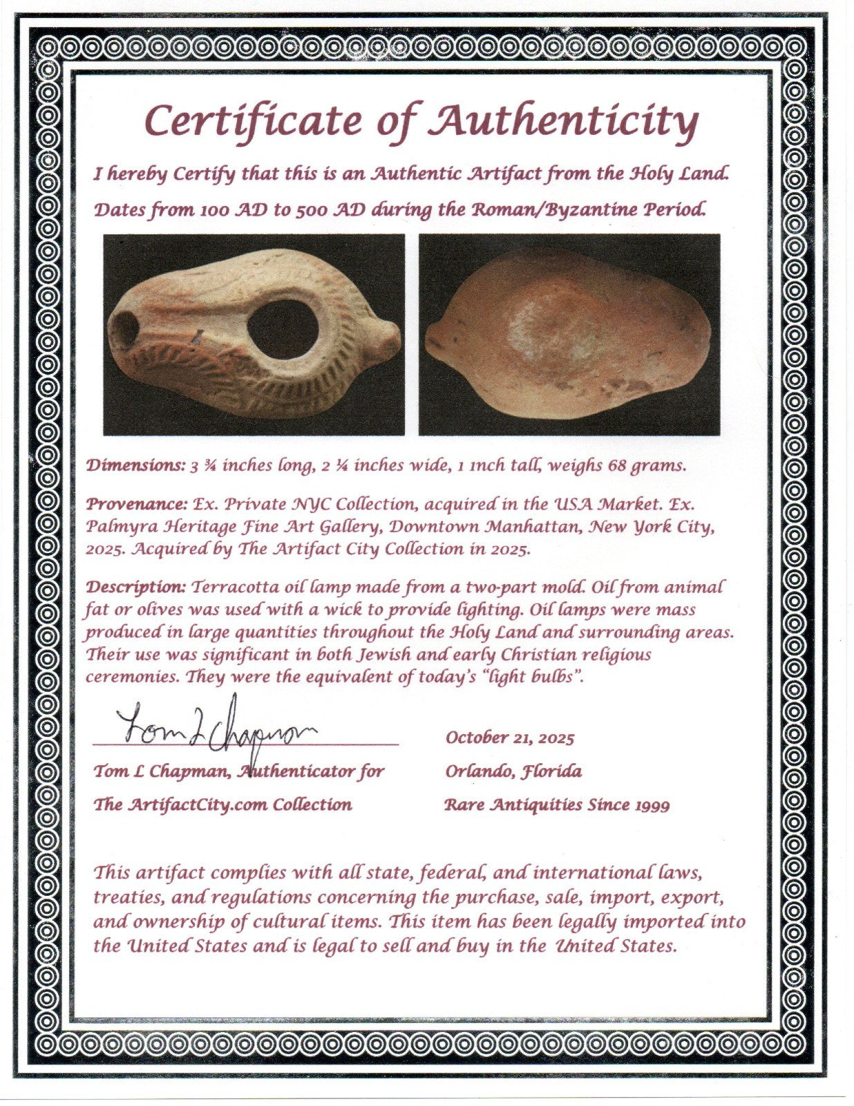 Ancient Holy Land Oil Lamp Artifact From Jesus Christ Home Land 100-500AD COA 66