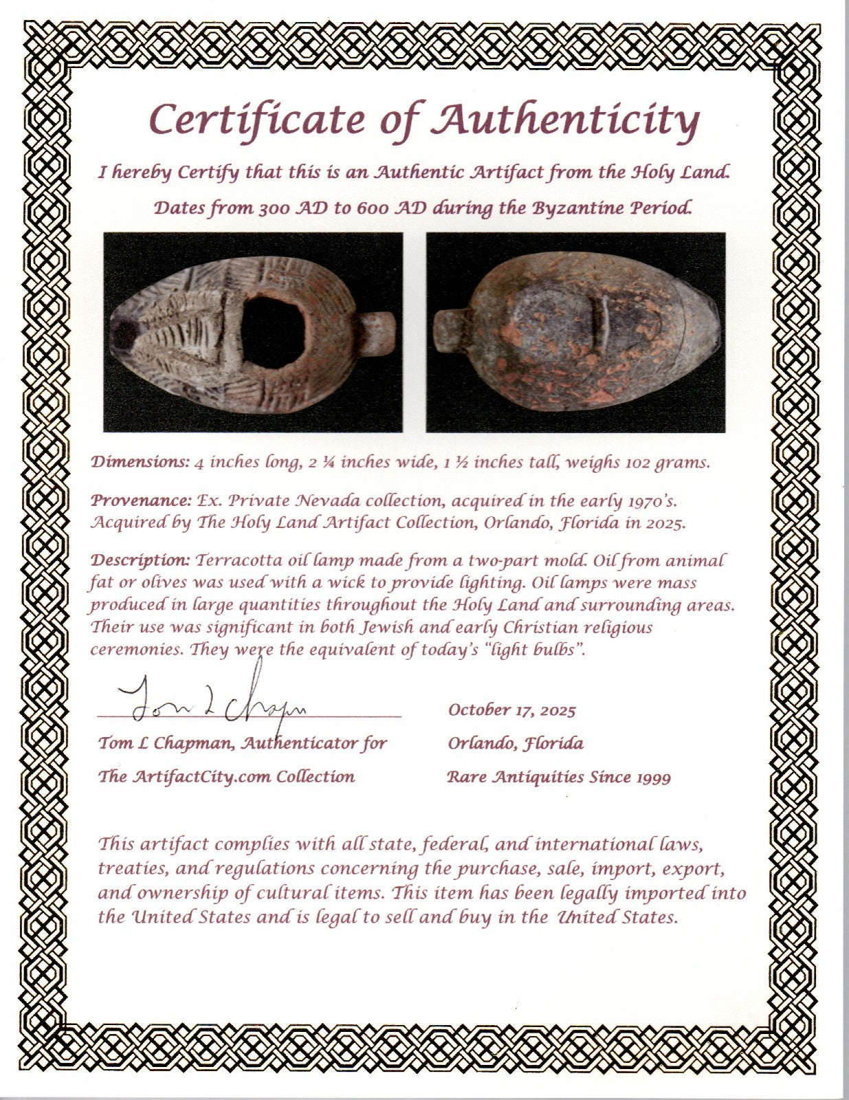 Oil Lamp Holy Land Ancient Artifact Jesus Christ Home Israel 300-600 AD COA 124