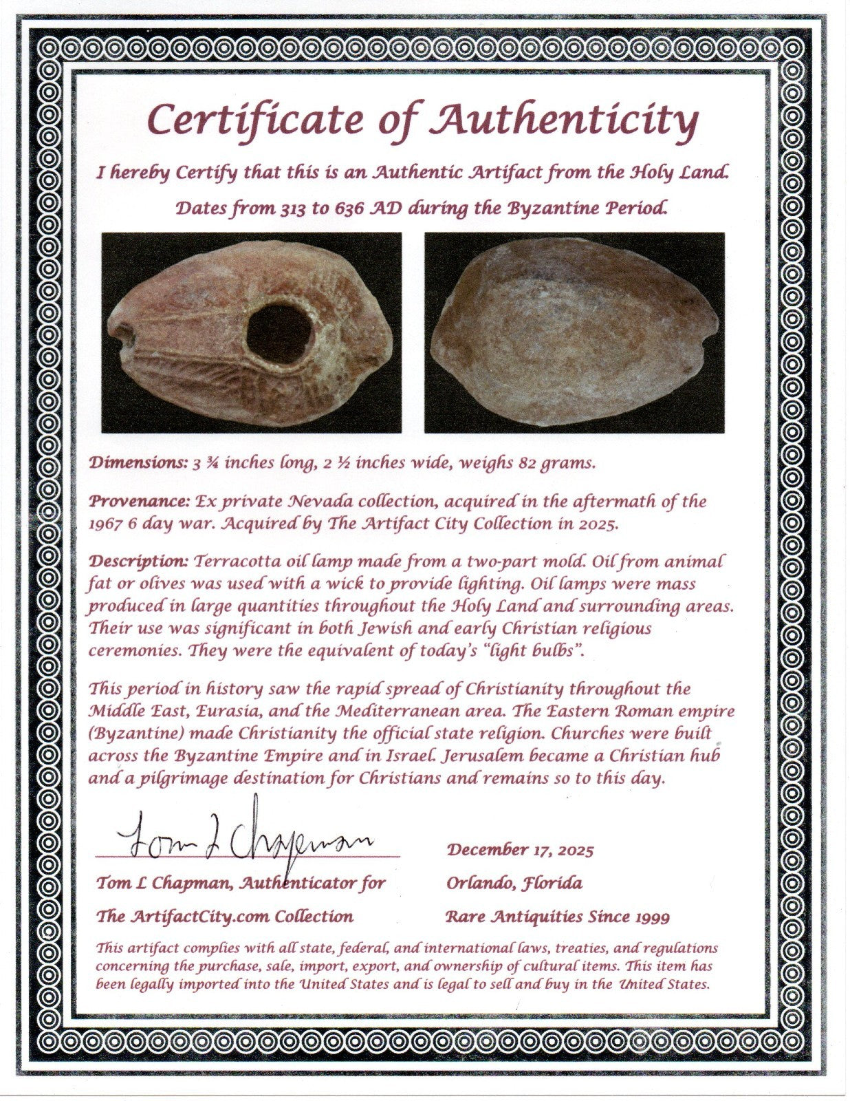 Holy Land Oil Lamp Ancient Artifact Time of the Christians 313-636 AD COA 192