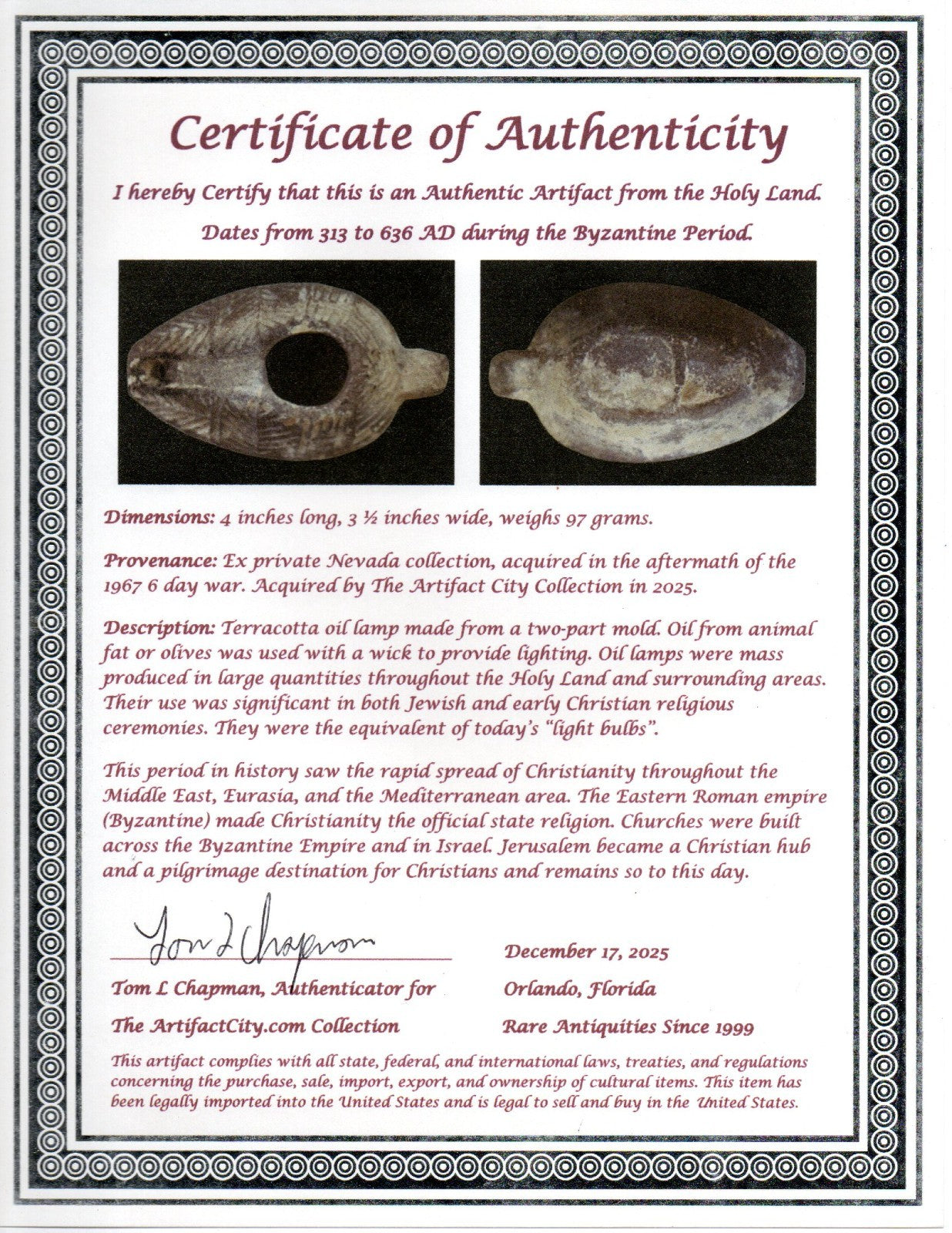 Holy Land Oil Lamp Ancient Artifact Time of the Christians 313-636 AD COA 179