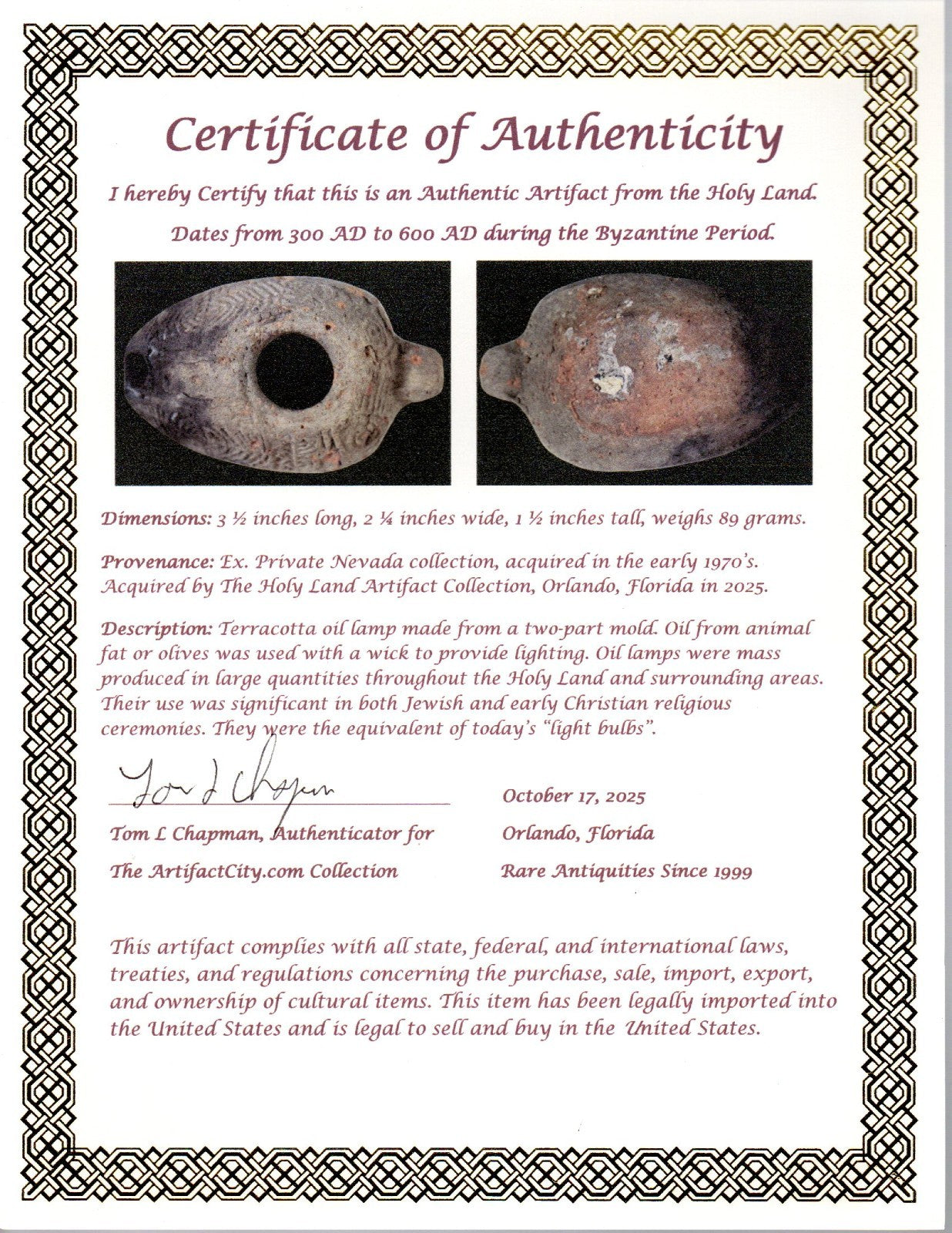 Oil Lamp Holy Land Ancient Artifact Jesus Christ Home Israel 300-600 AD COA 137