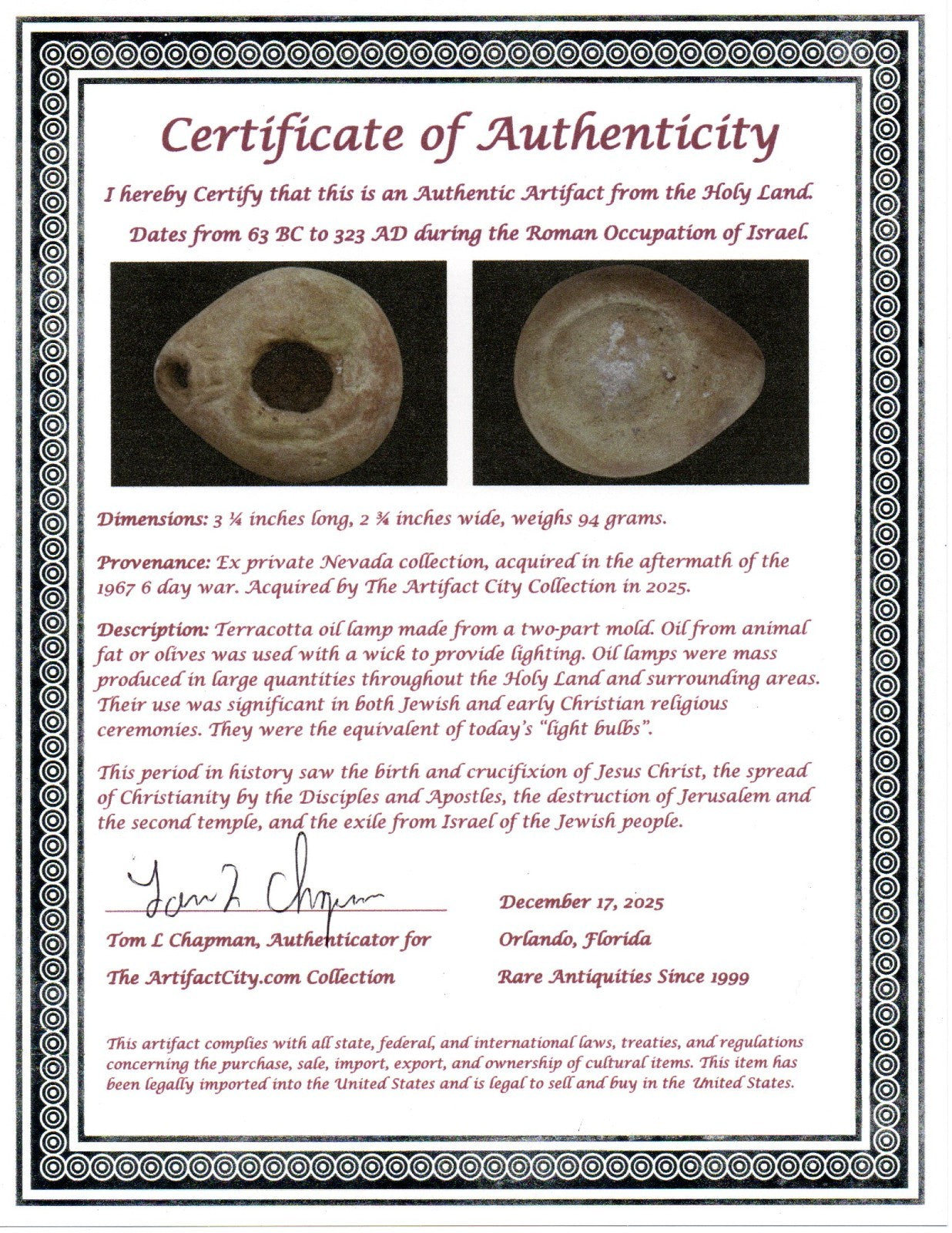 Holy Land Oil Lamp Ancient Artifact Time of Jesus & Apostles 63BC-323AD COA 142