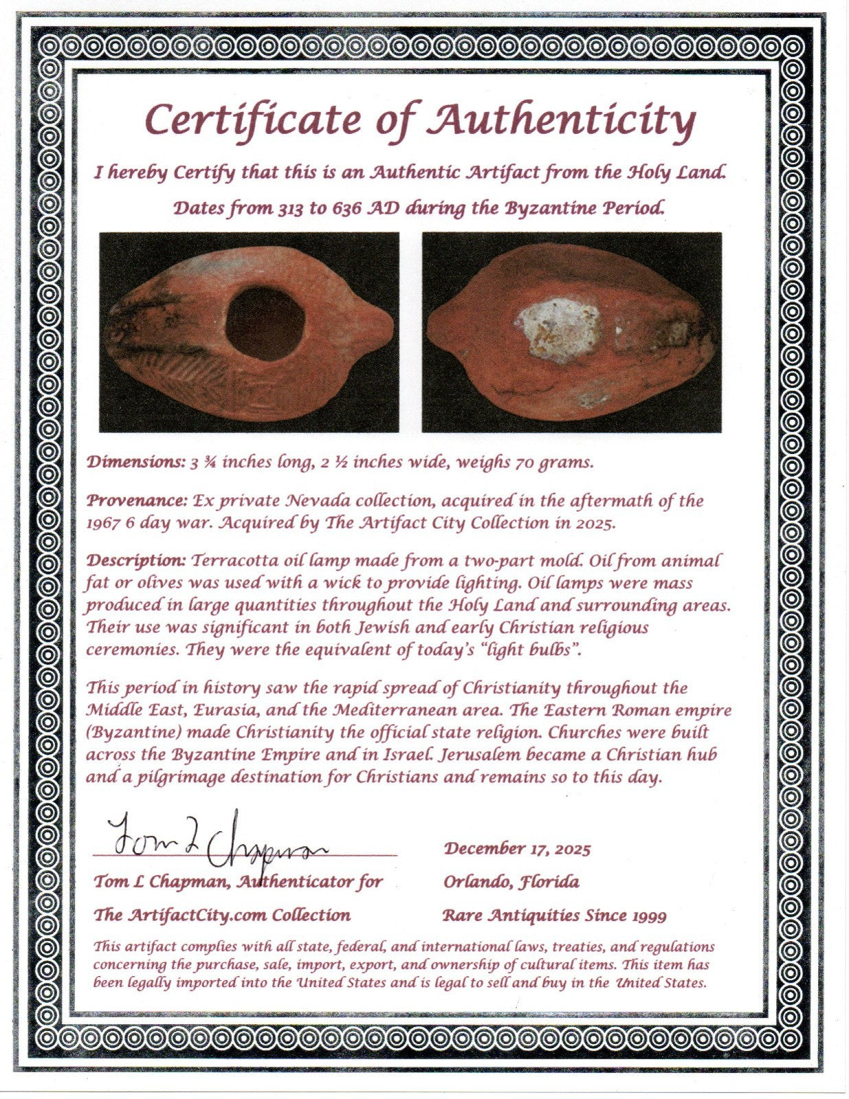 Time of the Christians Oil Lamp Ancient Holy Land Artifact 313-636 AD COA 14