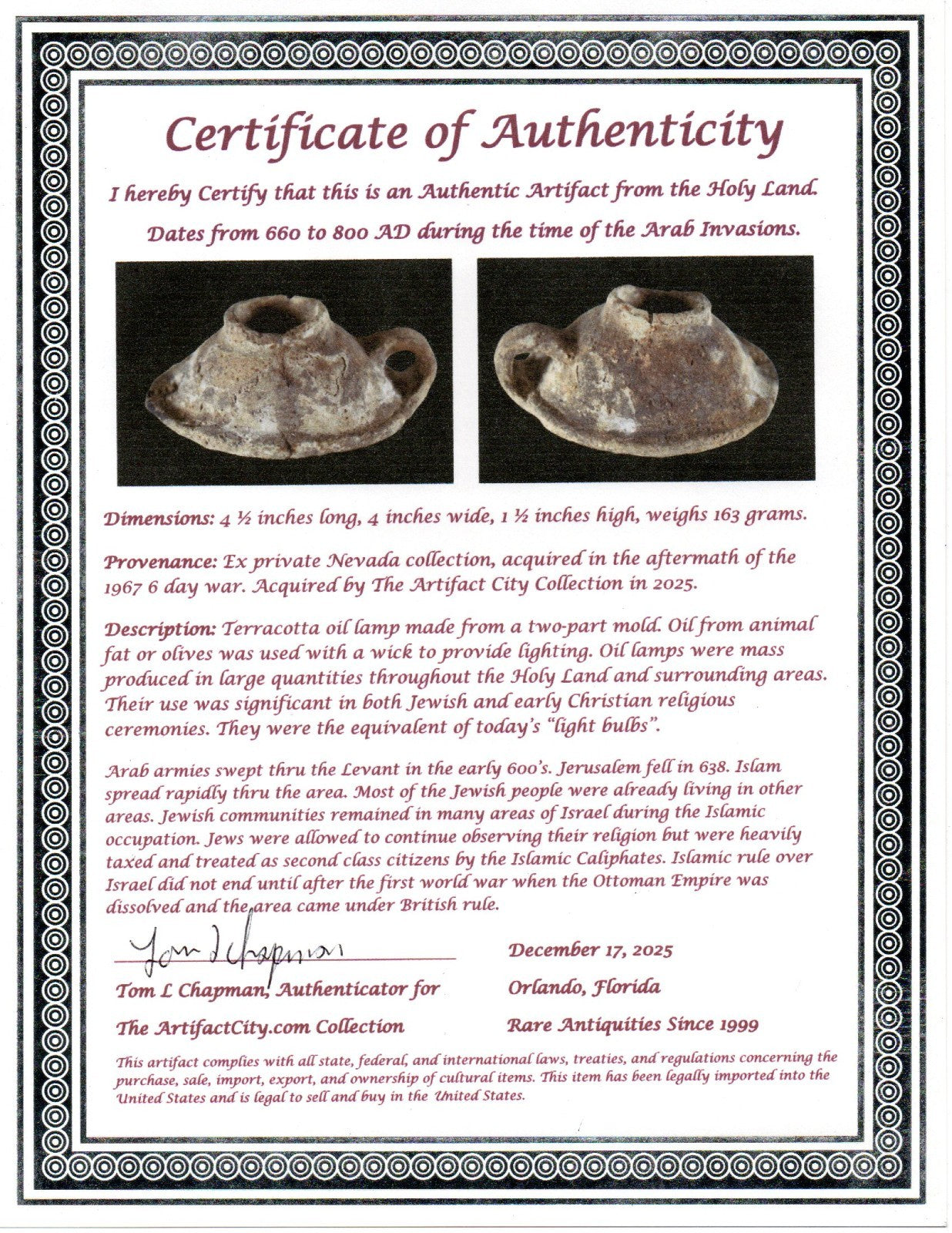 Holy Land Oil Lamp Ancient Artifact Time of the Arab Invasion 660-800 AD COA 244