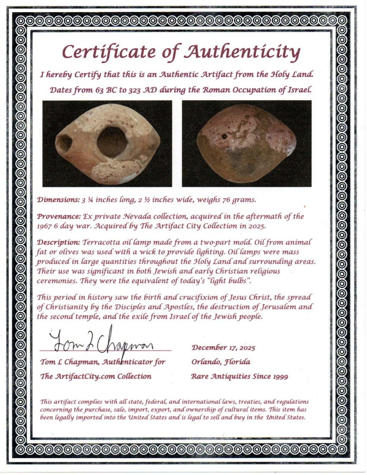 Holy Land Oil Lamp Ancient Artifact Time of Jesus & Apostles 63BC-323AD COA 62