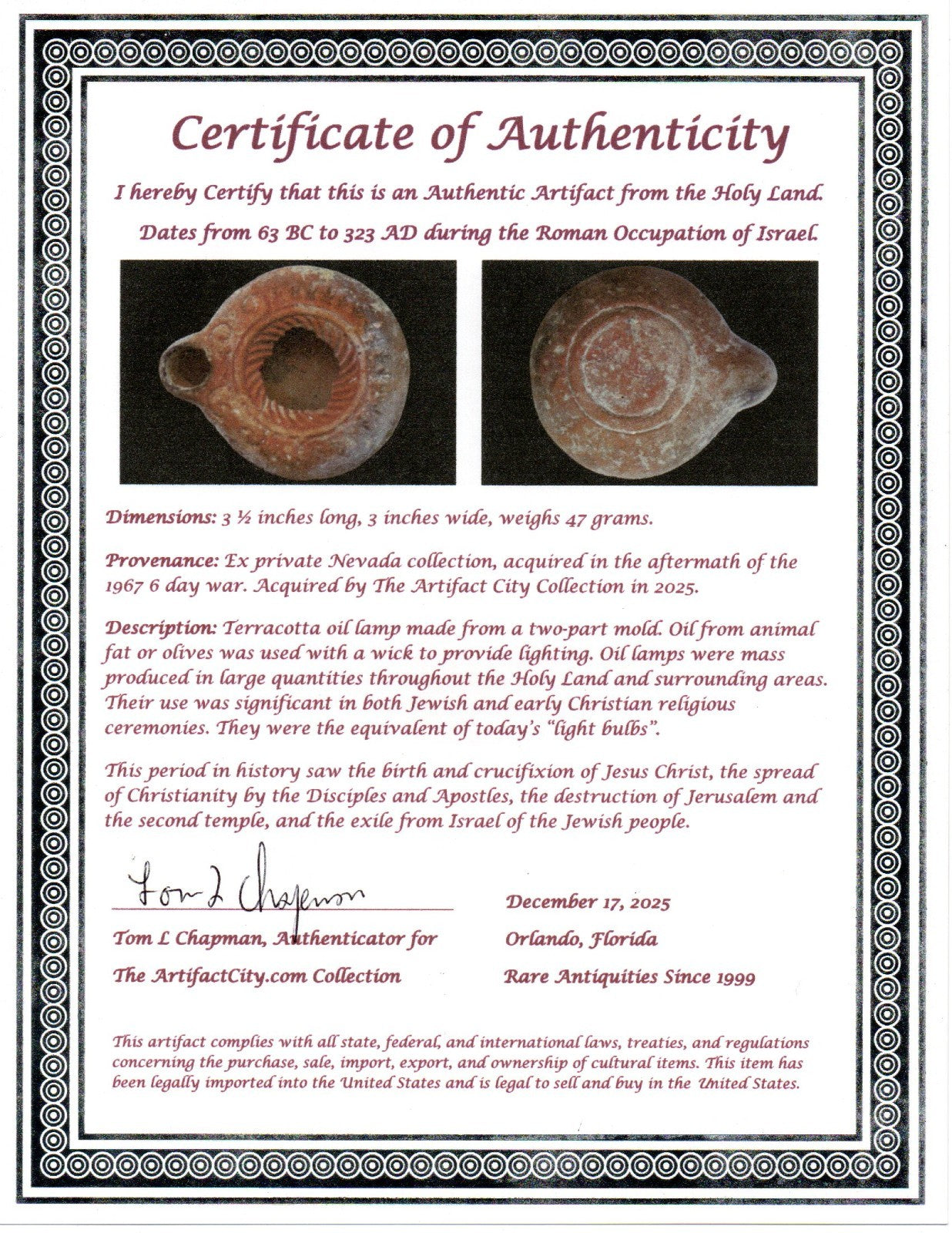 Holy Land Oil Lamp Ancient Artifact Time of Jesus & Apostles 63BC-323AD COA 168