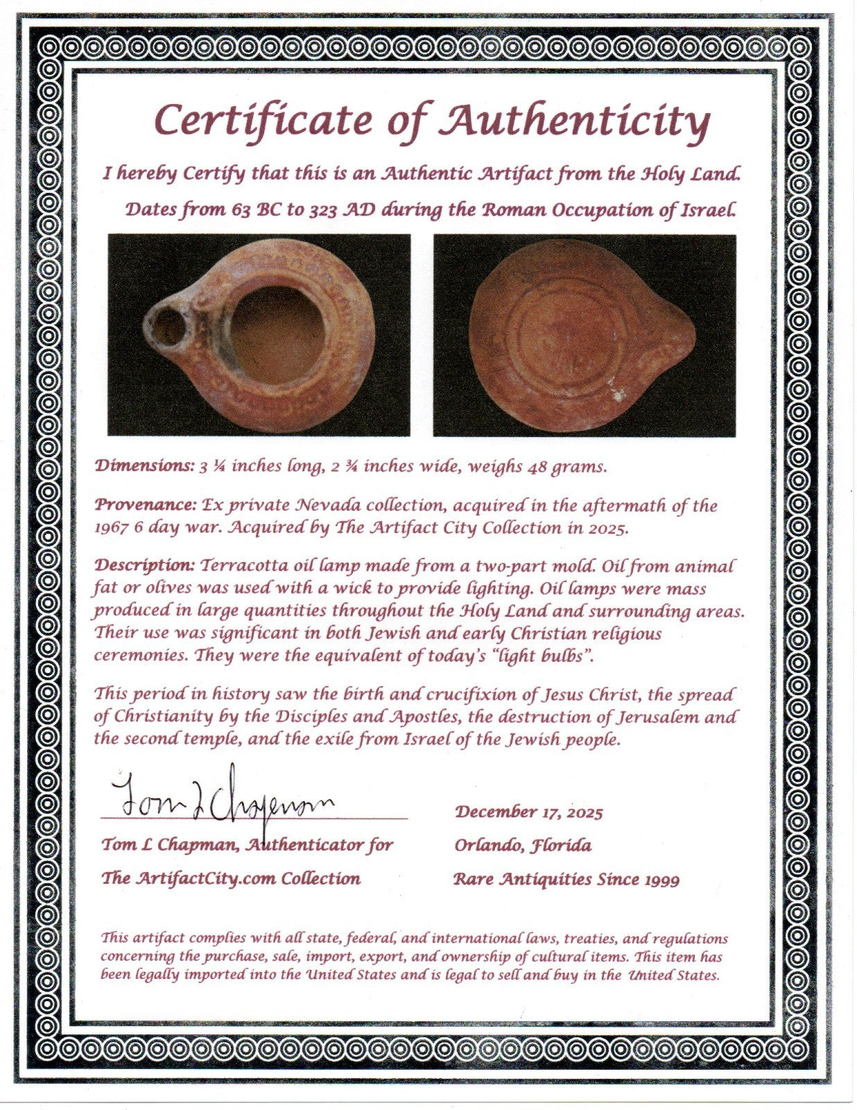 Holy Land Oil Lamp Ancient Artifact Time of Jesus & Apostles 63BC-323AD COA 166