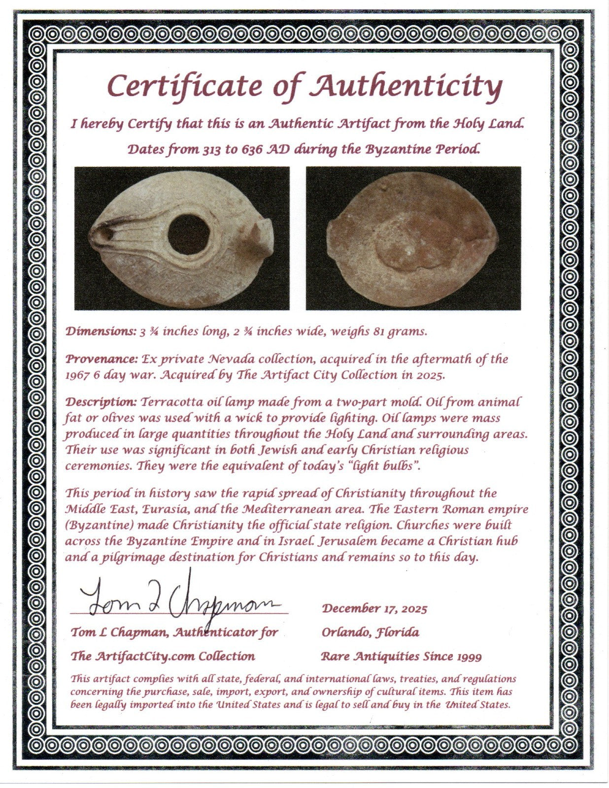 Holy Land Oil Lamp Ancient Artifact Time of the Christians 313-636 AD COA 221