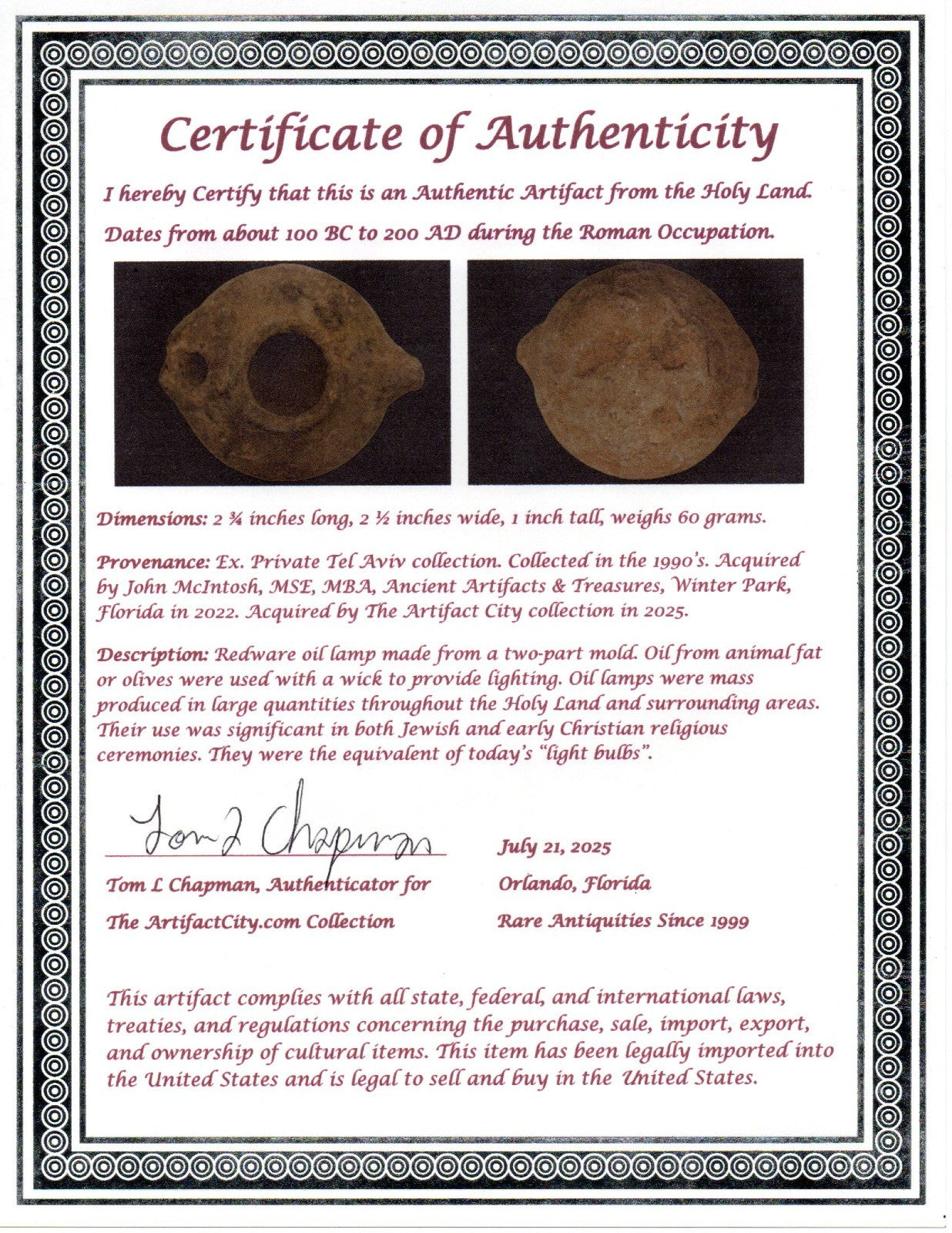 Ancient Holy Land Oil Lamp Artifact Jesus Christ Homeland 100BC-200AD COA 45