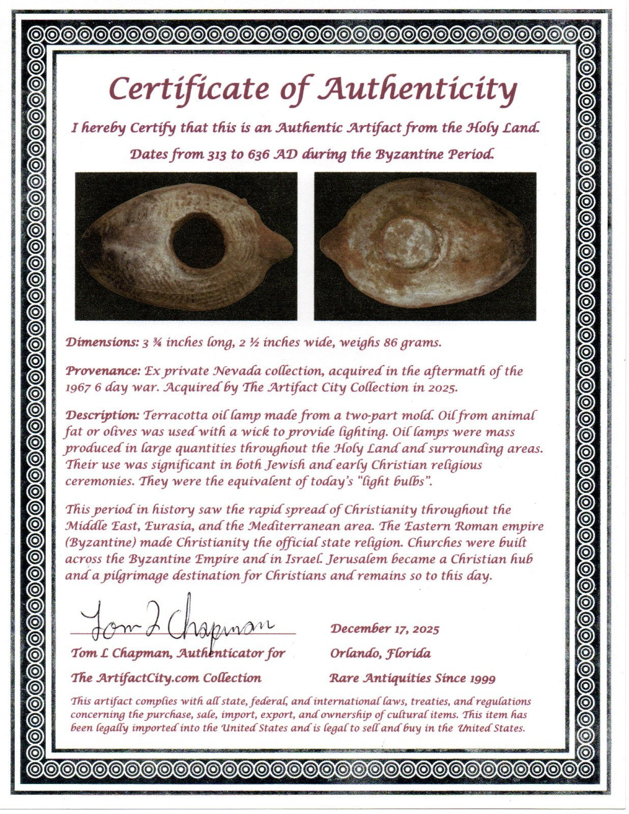 Holy Land Oil Lamp Ancient Artifact Time of the Christians 313-636 AD COA 210
