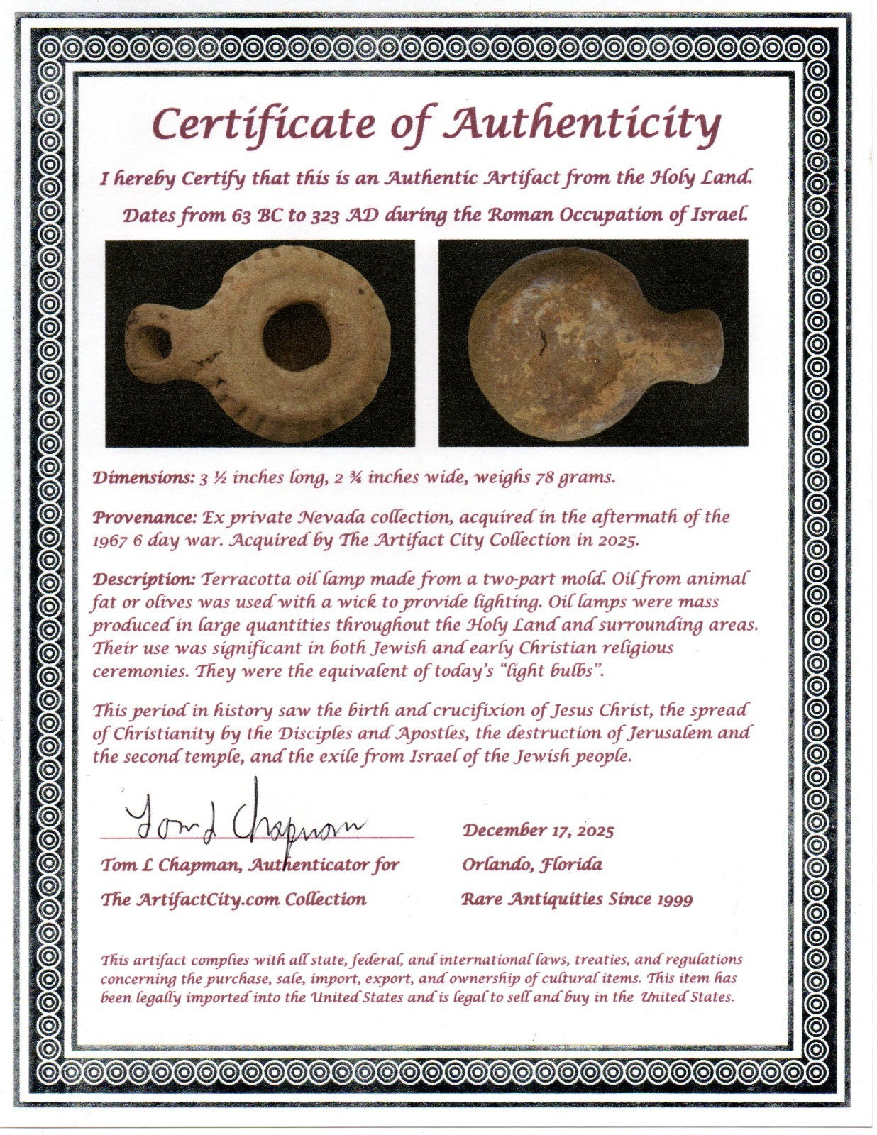 Holy Land Oil Lamp Ancient Artifact Time of Jesus & Apostles 63BC-323AD COA 158